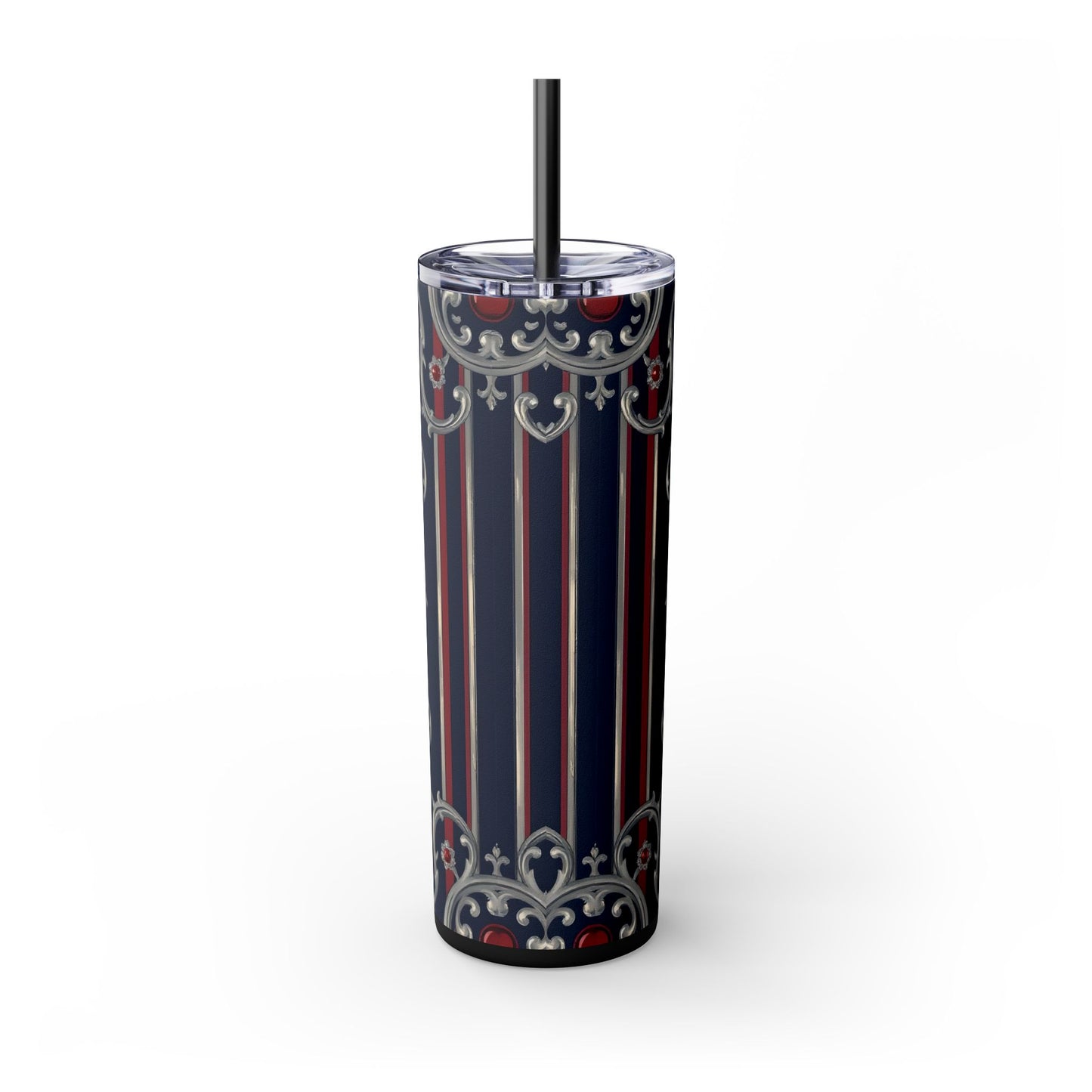 Elegant Patterned Skinny Tumbler with Straw, 20oz - Stylish Travel Mug, Personalized Gift, Wedding Favor - Blue & Red Striped Silver Baroque