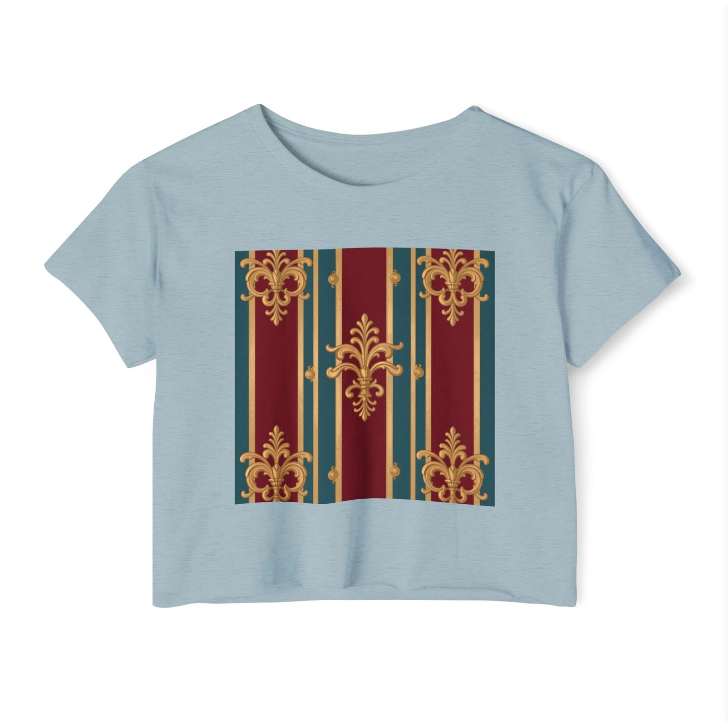 Baroque Chic Festival Crop Top | Women’s Floral Summer Tee, Outdoor Concert Wear, Vacation Top - Burgundy Striped Gold Baroque
