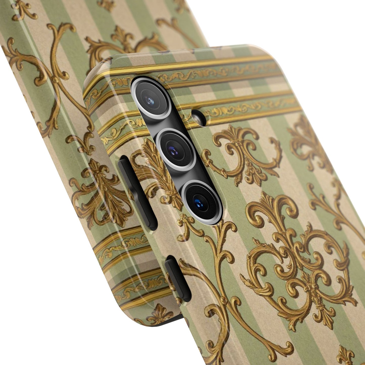 Vintage Elegance Phone Case, Tough Phone Cases for Style, Gift for Birthdays, Stylish Protection - Mint Green & Beige Striped Gold Baroque