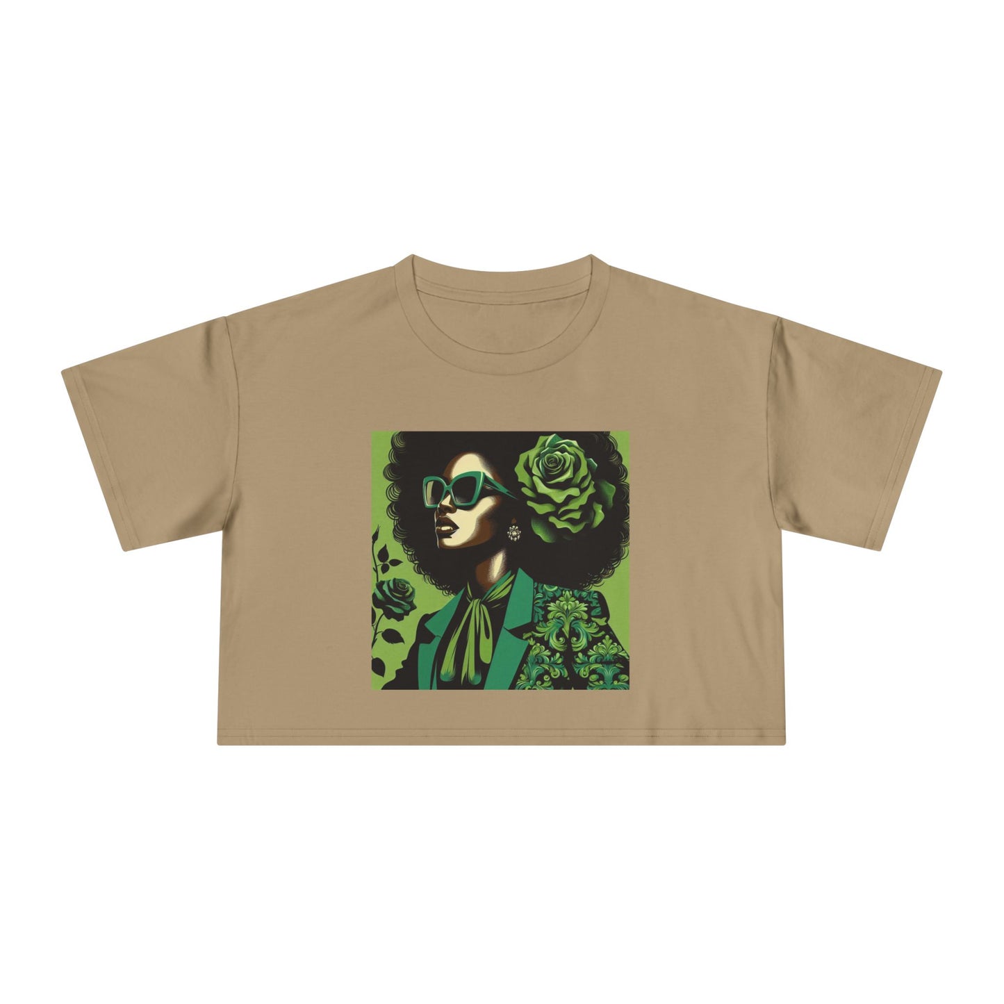 Stylish Women's Crop Tee with Damask Design | Trendy Summer Top, Afro Crop Shirt, Casual Wear, Gift for Her - Lady in Green Damask