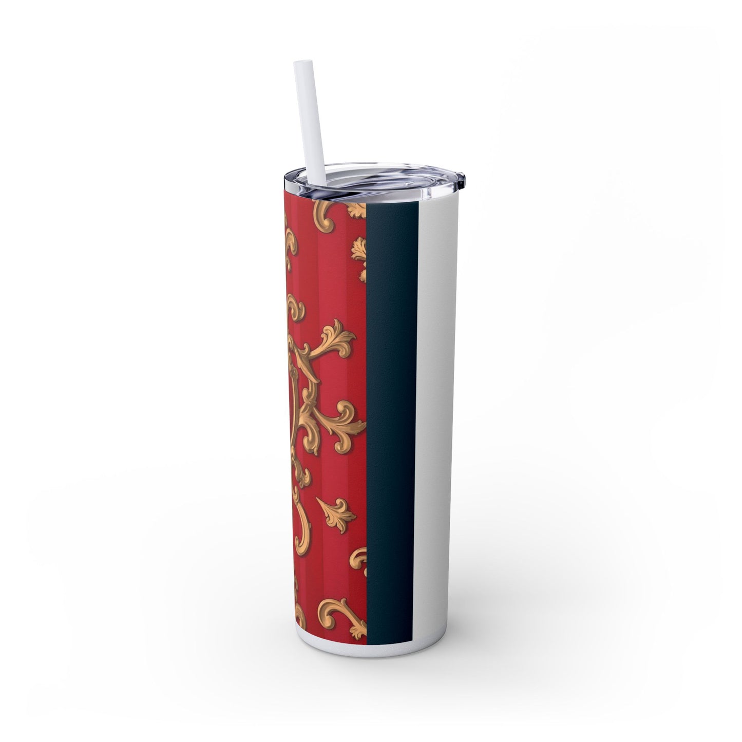 Elegant Red Ornate Skinny Tumbler, Stylish Travel Mug with Straw, Perfect for Gifts, Home Office - Blue, Red & White Striped Baroque