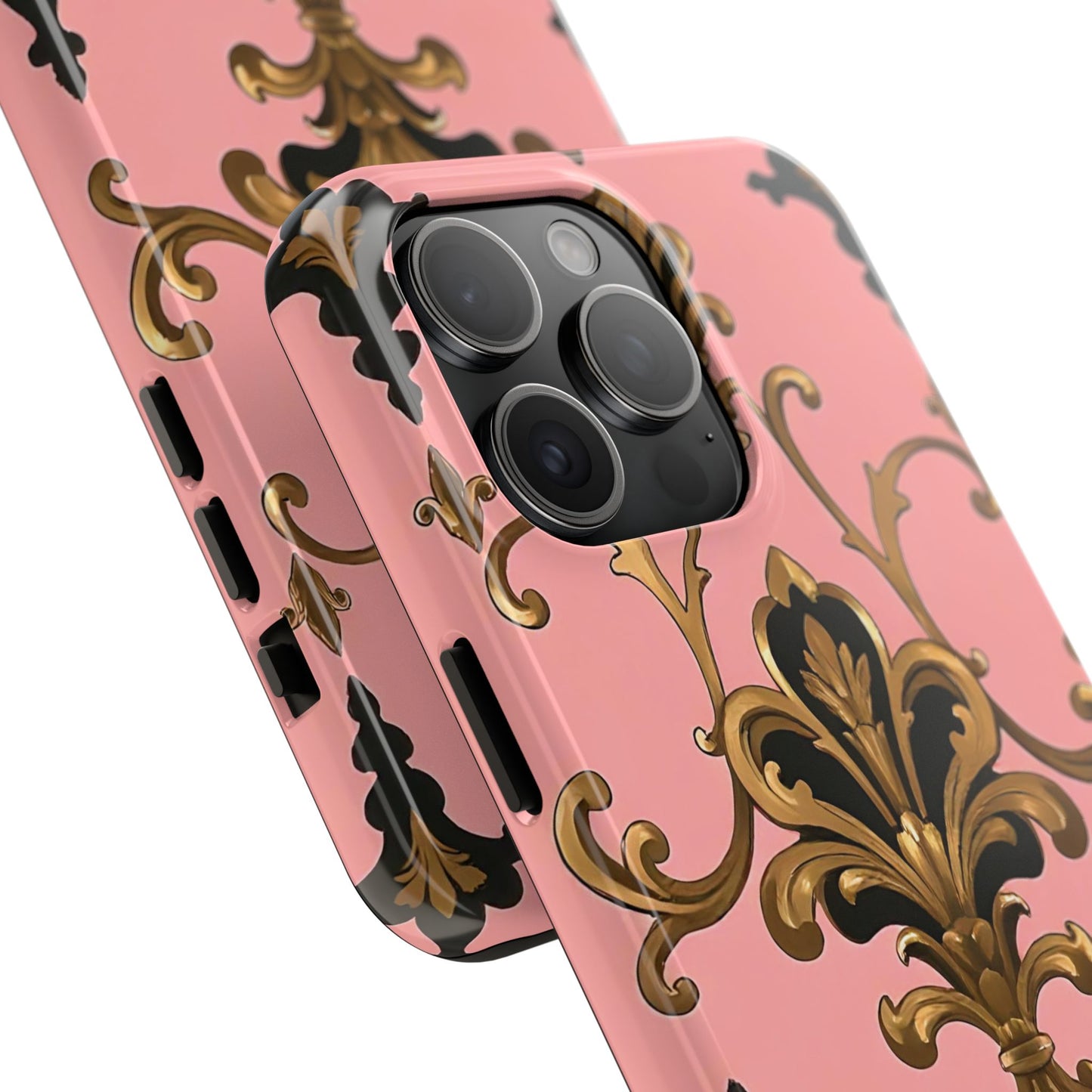 Chic Tough Phone Cases with Floral Design, Elegant Phone Cover, Durable Smartphone Case, Stylish Tech Accessory - Pink, Black & Gold Rococo