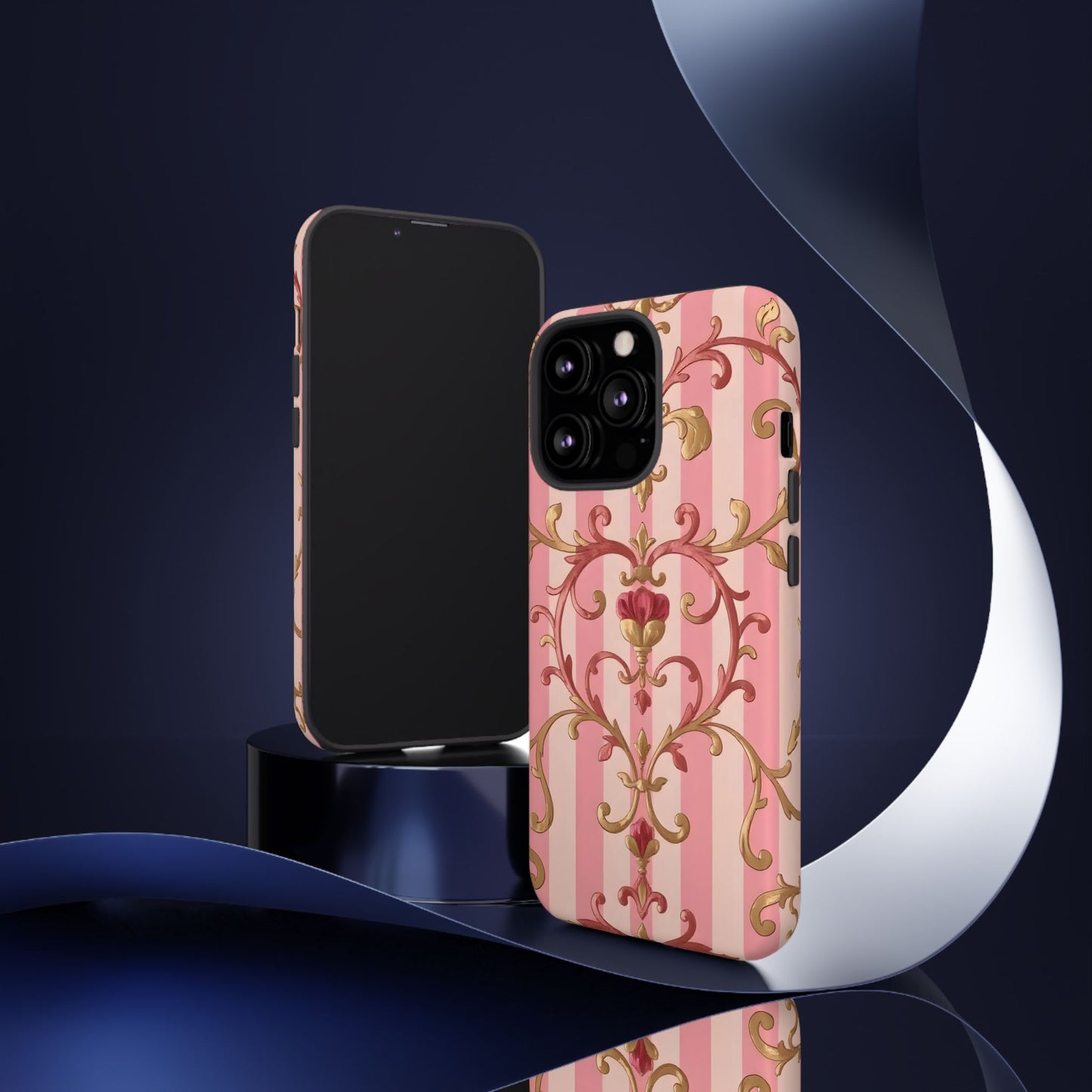 Elegant Floral Motif Phone Case - Tough Cases with Vintage Design - Pink Striped Rose Gold Damask