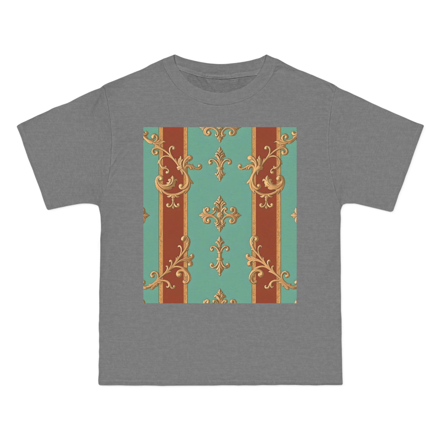 Elegant Vintage Patterned T-Shirt | Vintage Style Tee, Casual Wear, Retro Aesthetic - Rust & Mint Aqua Striped Baroque