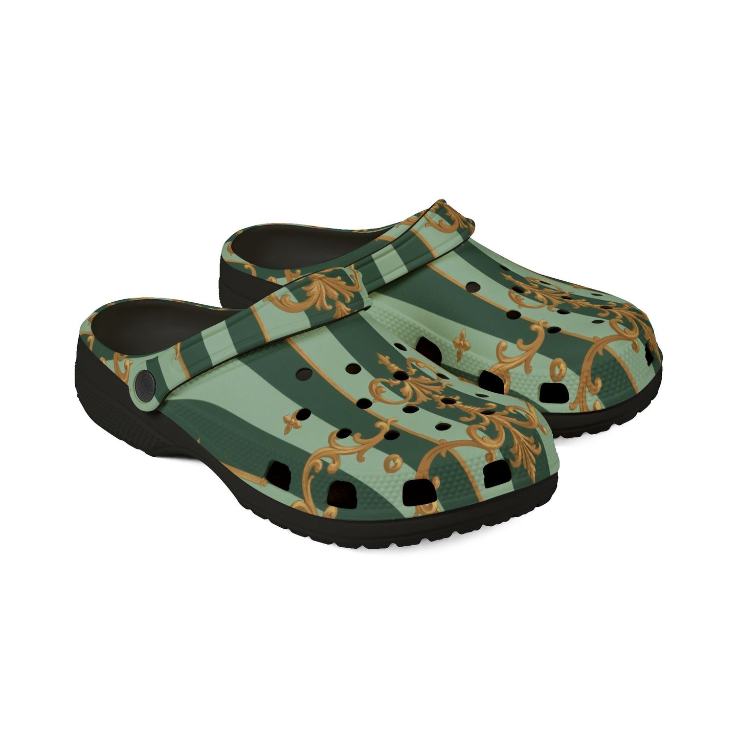 Elegant AOP EVA Foam Clogs - Stylish Garden-Inspired Footwear for Comfort & Trend, Unique Slip-Ons - Mint Green & Teal Striped Gold Baroque