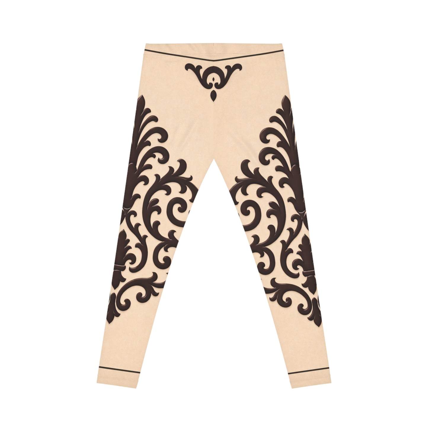Almond-Beige & Brown Baroque Print Leggings — Vintage Scroll Pattern Women's Leggings