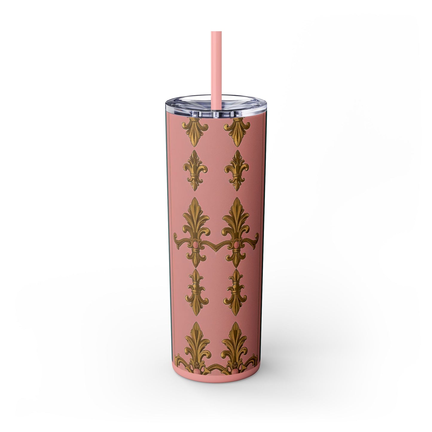 Elegant Pink and Green Skinny Tumbler with Straw, 20oz - Ideal for Gifts, Travel, Home, Events - Pink & Teal Striped Gold Baroque