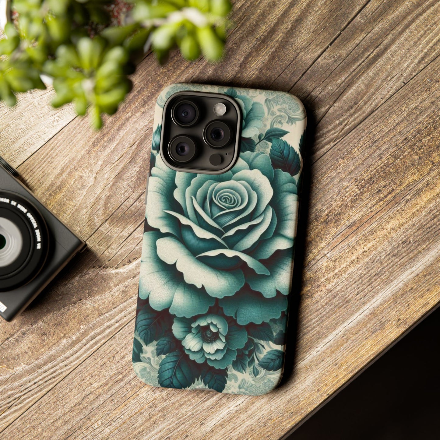 Elegant Floral Motif Phone Case - Tough Cases with Vintage Design - Teal Roses & Damask