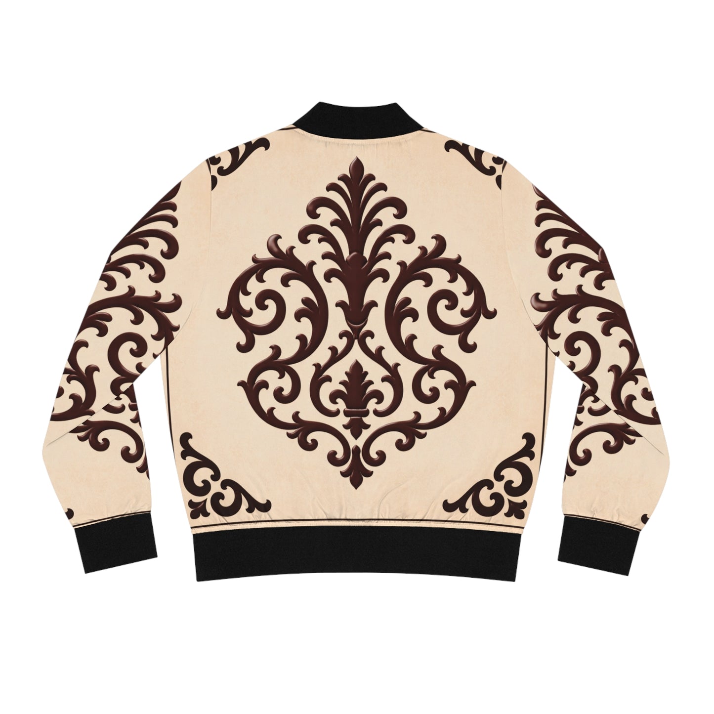 Almond-Beige & Brown Baroque Scroll Pattern Women's Bomber Jacket – Vintage Ornate AOP