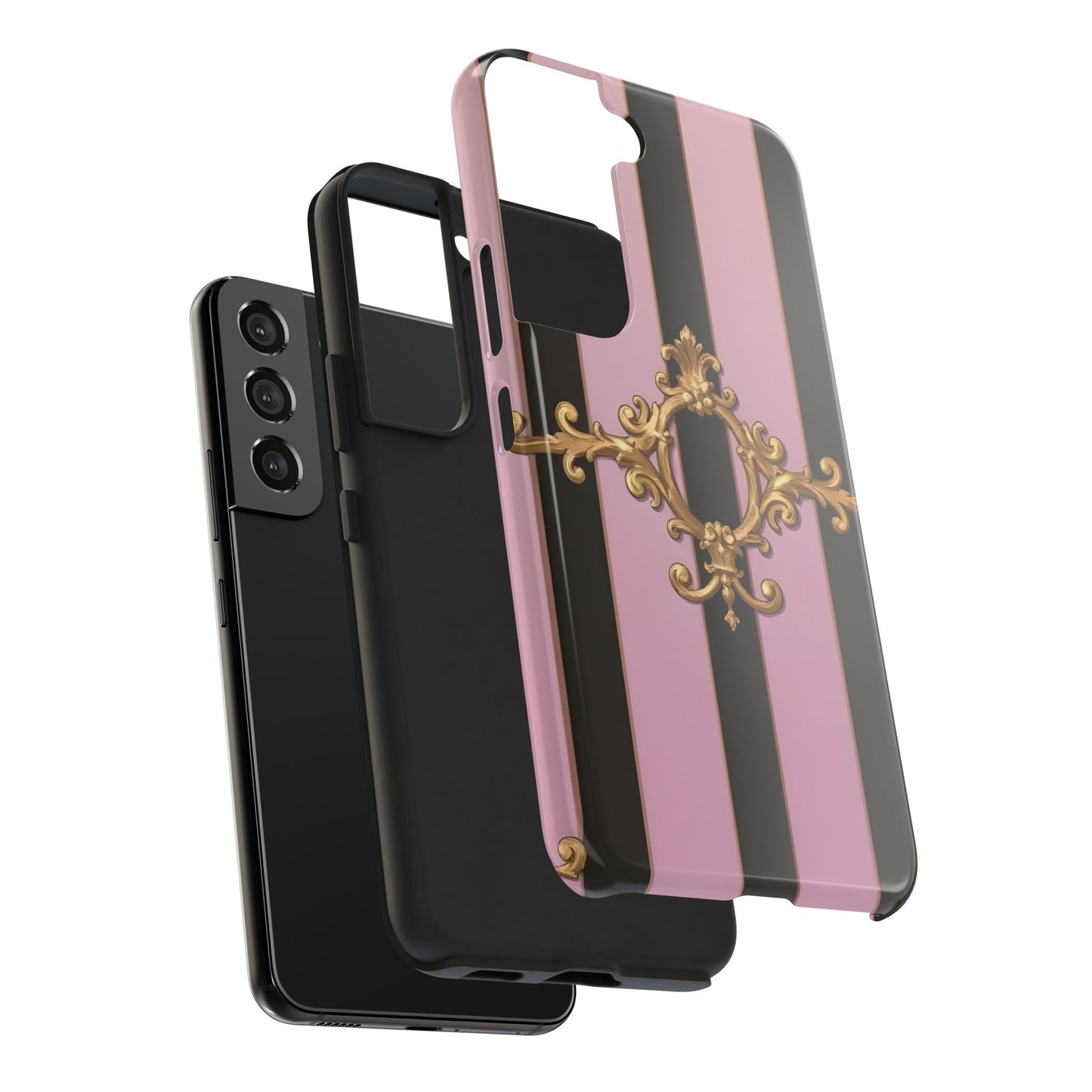 Stylish Tough Phone Case for Elegant Protection, Fashionable Accessories, Smartphone Cover - Matte Lavender & Black Striped Gold Baroque