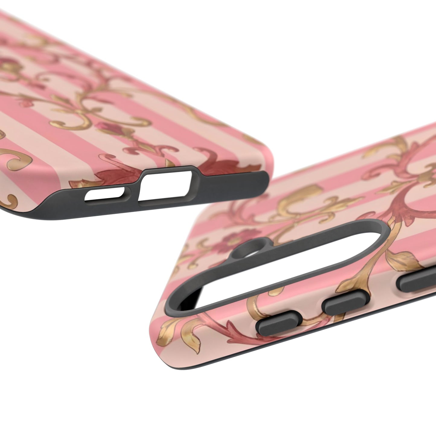 Elegant Floral Motif Phone Case - Tough Cases with Vintage Design - Pink Striped Rose Gold Damask
