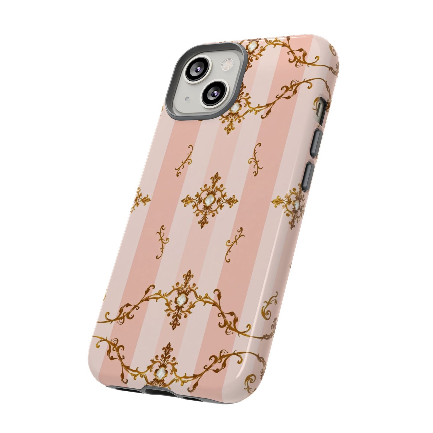 Elegant Floral Phone Case, Tough Cases for Women, Trendy Phone Cover, Chic Gift - Pink Jeweled Striped Gold Baroque