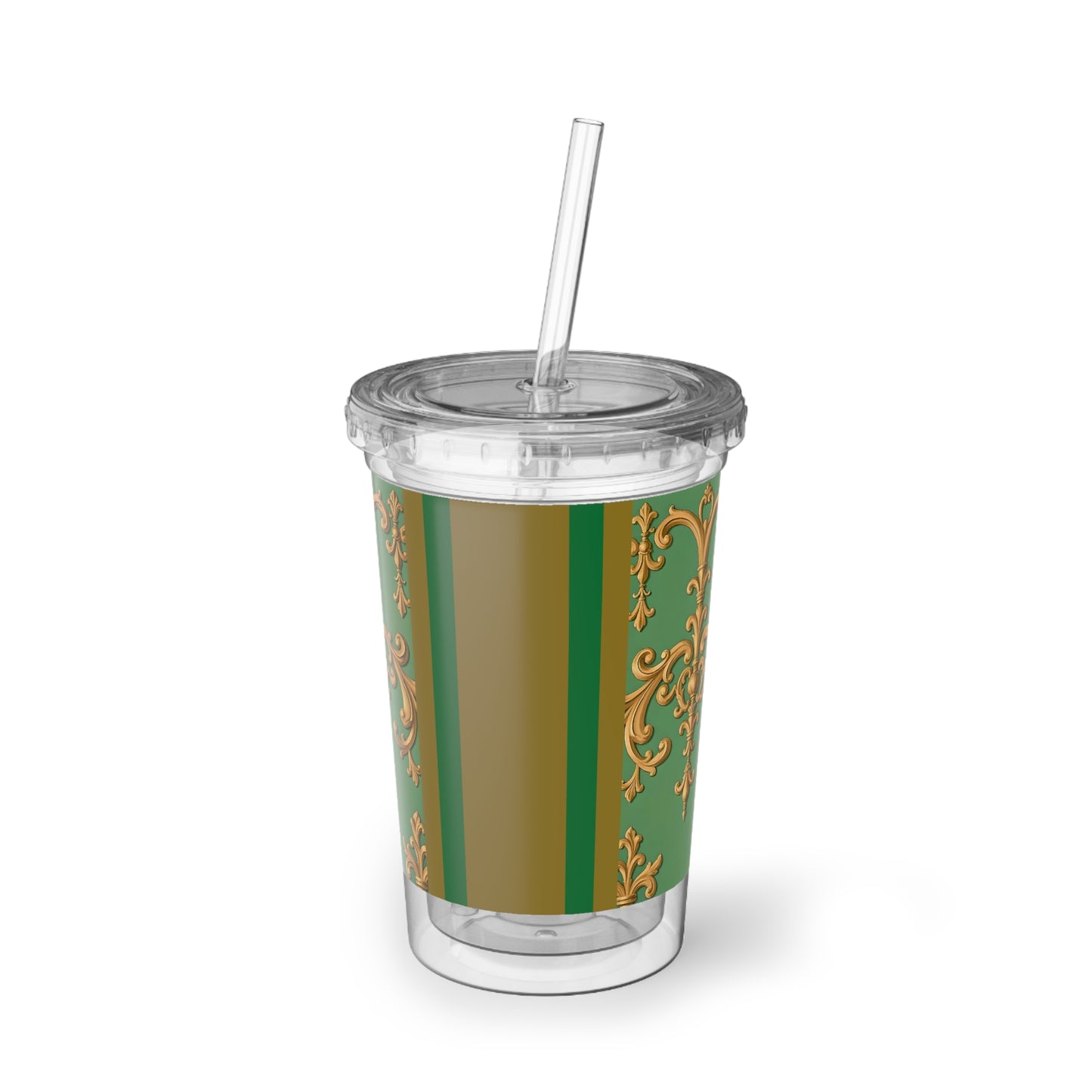 Elegant Acrylic Cup, Stylish Drinkware, Gift for Her, Home Decor, Travel Mug, Reusable Cup, Unique Party Favor - Olive Green Striped Rococo