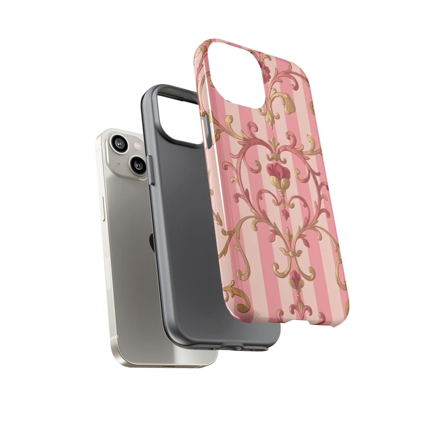 Elegant Floral Motif Phone Case - Tough Cases with Vintage Design - Pink Striped Rose Gold Damask