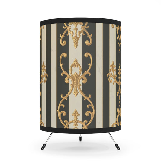 Elegant Black & Alabaster Striped Baroque Tripod Lamp with Vintage Pattern Shade, Decorative Lighting for Home Decor, Unique Gift for Housewarming
