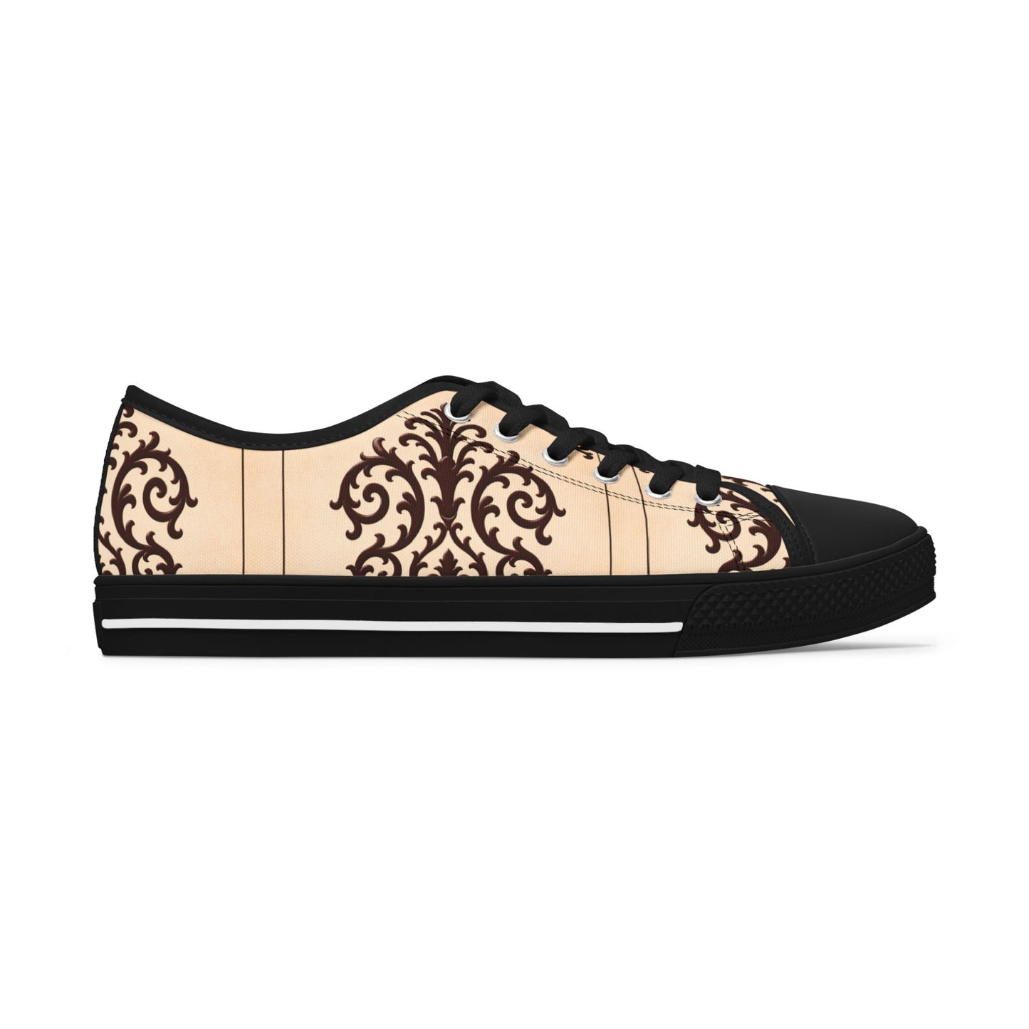 Almond-Beige & Brown Baroque Pattern Women's Low Top Sneakers — Elegant Vintage Baroque Design