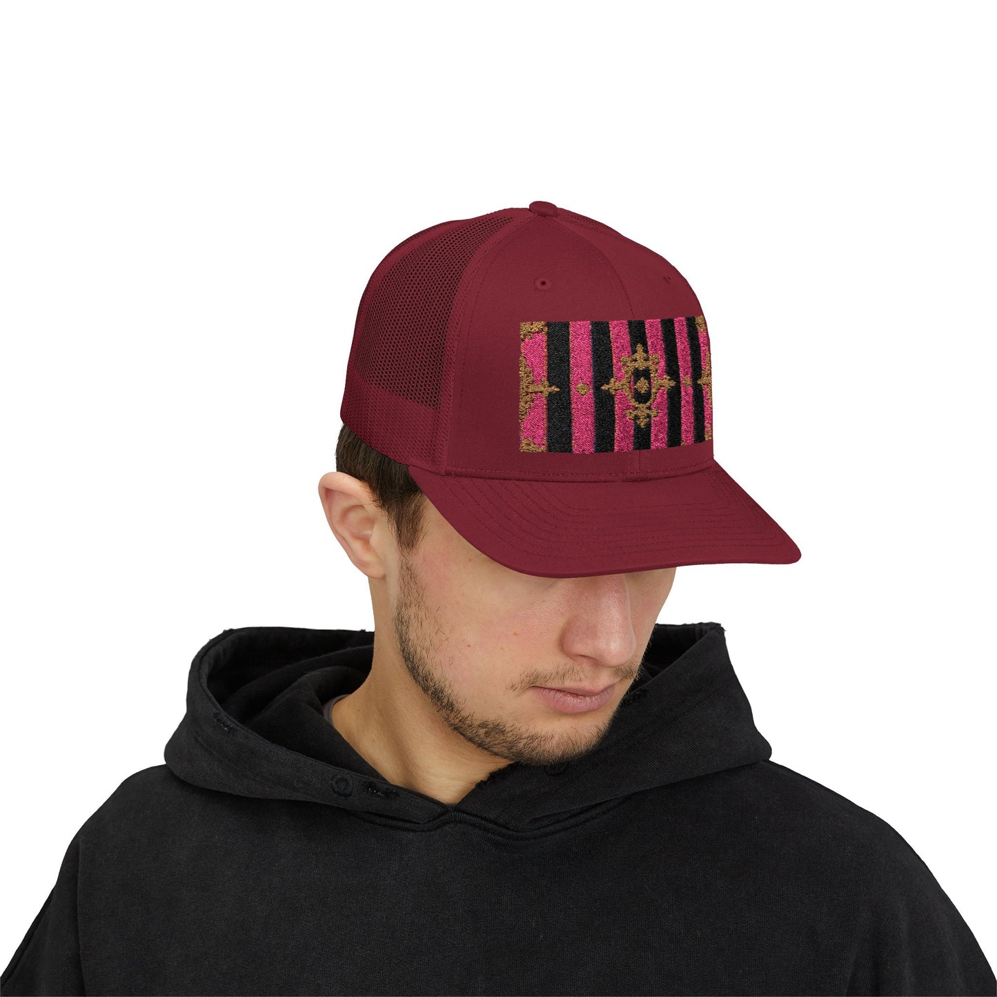 Stylish Snapback Trucker Cap with Black & Mauve Striped Gold Baroque, Trendy Fashion Hat, Perfect Gift for Him/Her