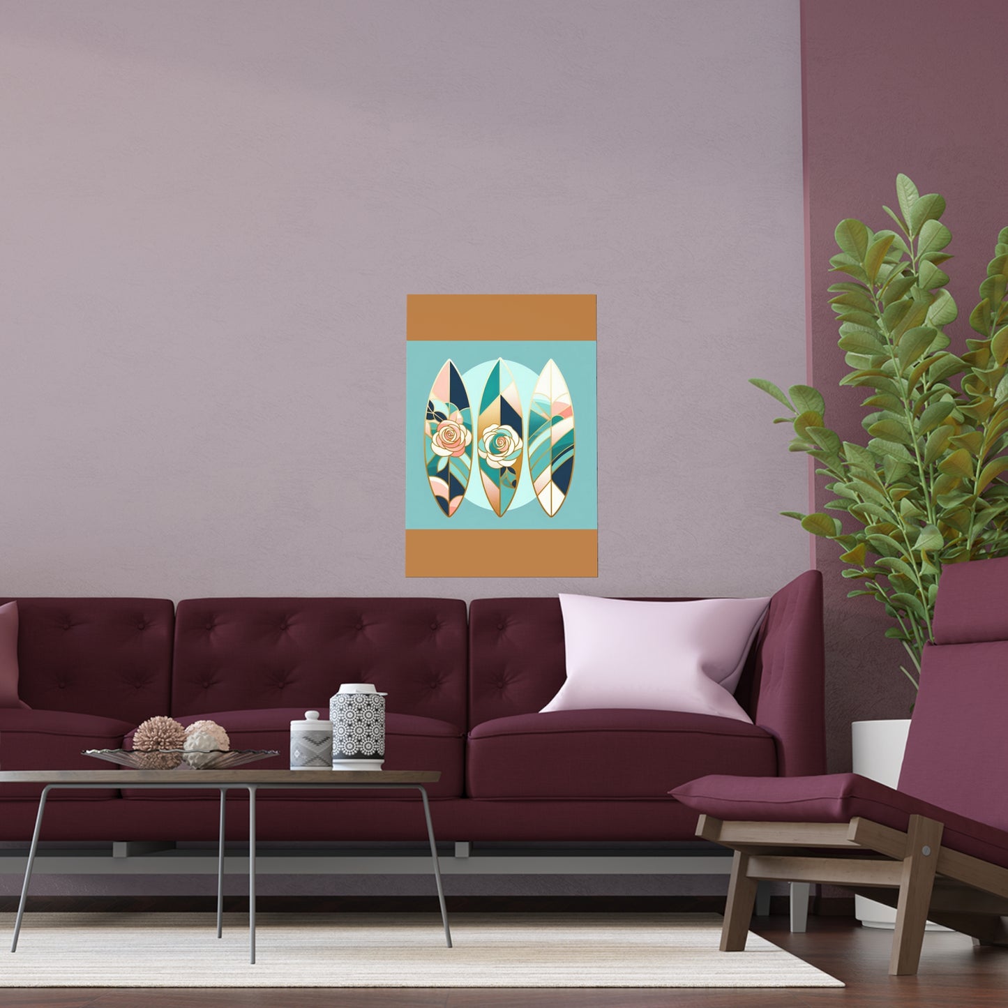 Elegant Floral Silk Poster - Indoor/Outdoor Wall Art for Home Decor - Blue, Pink & Aqua Surfboard & Roses