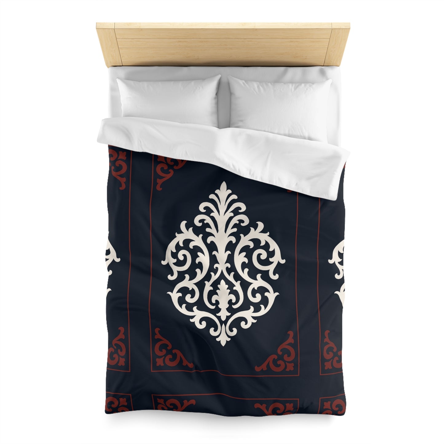 Dusk Blue-Maroon & White Baroque Microfiber Duvet Cover — Dusk Blue & White Decorative Bedding
