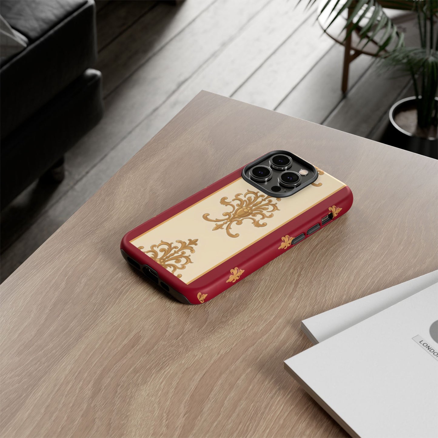 Elegant Floral Motif Phone Case - Tough Cases with Vintage Design - Dusk Red Striped Gold Damask