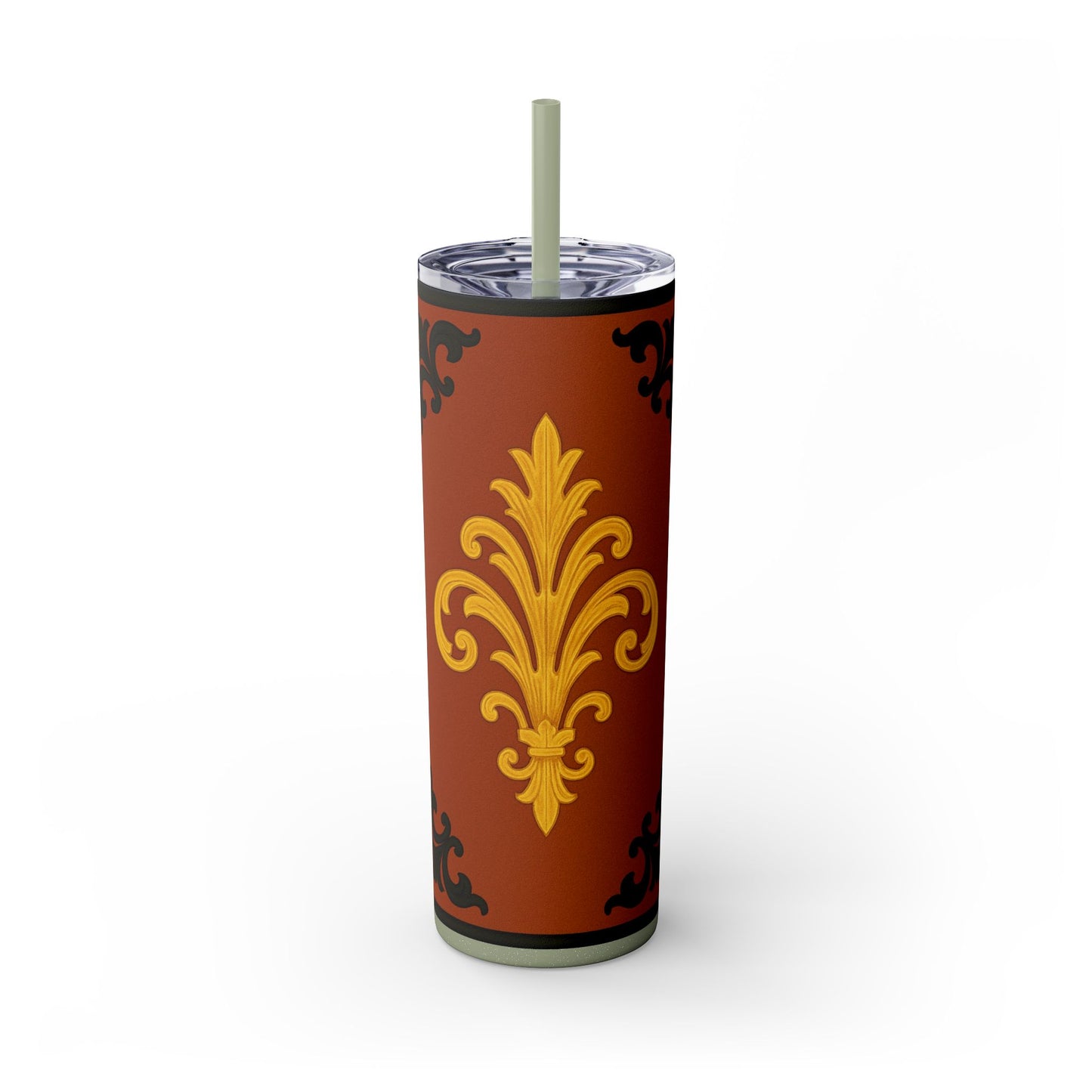 Dusk Terracotta Baroque 20oz Skinny Tumbler with Straw — Vintage Gold Baroque Design