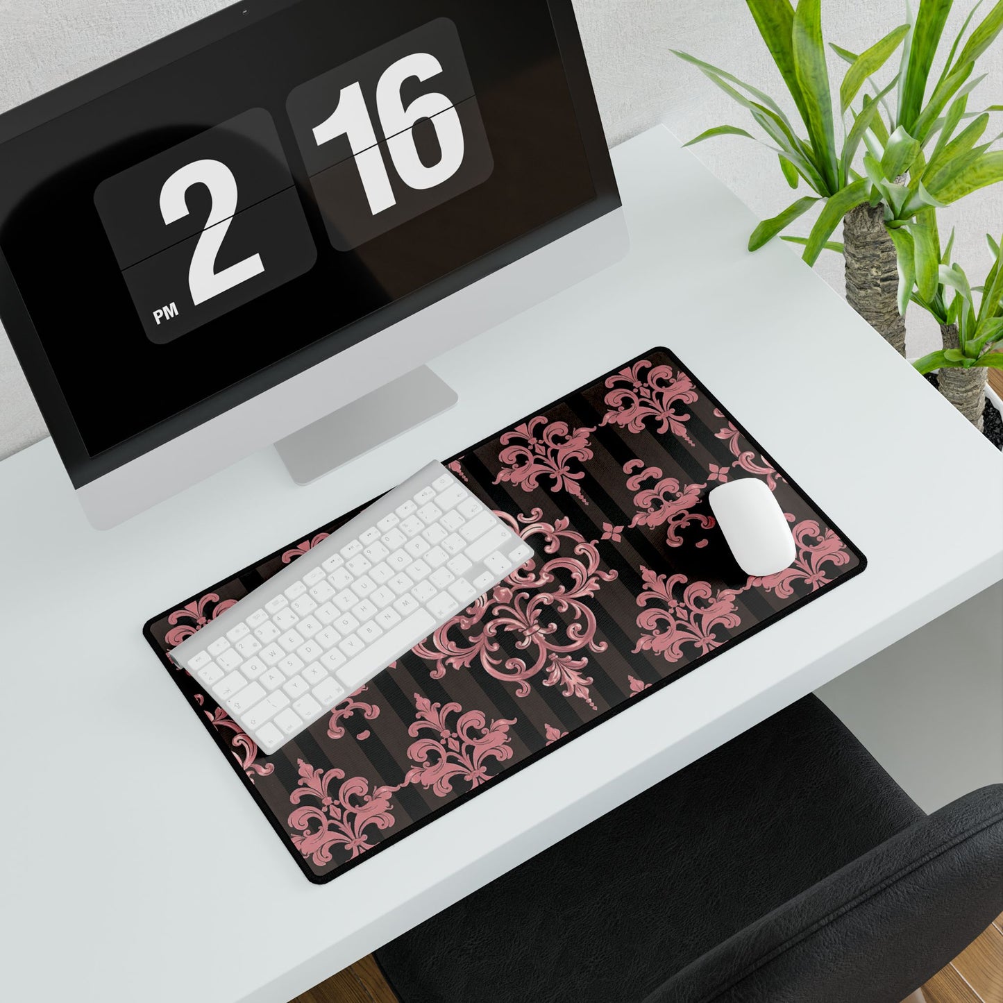 Elegant Floral Motif Desk Mat for Home Office Decor - Brown Striped Mauve Damask
