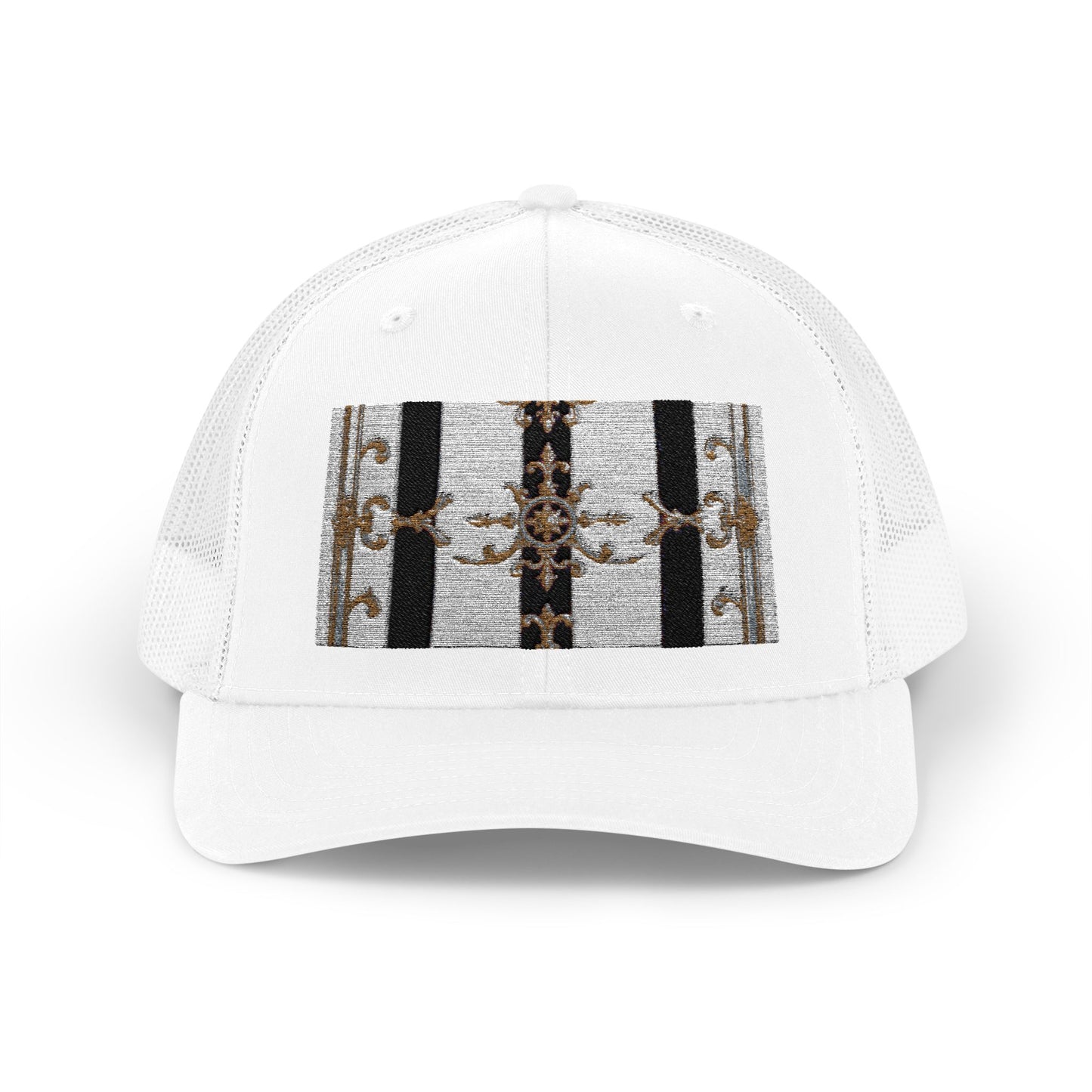 Trendy Snapback Trucker Cap, Casual Fashion Hat, Summer Accessory, Gift Idea for Cool Teens, Outdoor Activities - Black & White Striped Gold Baroque
