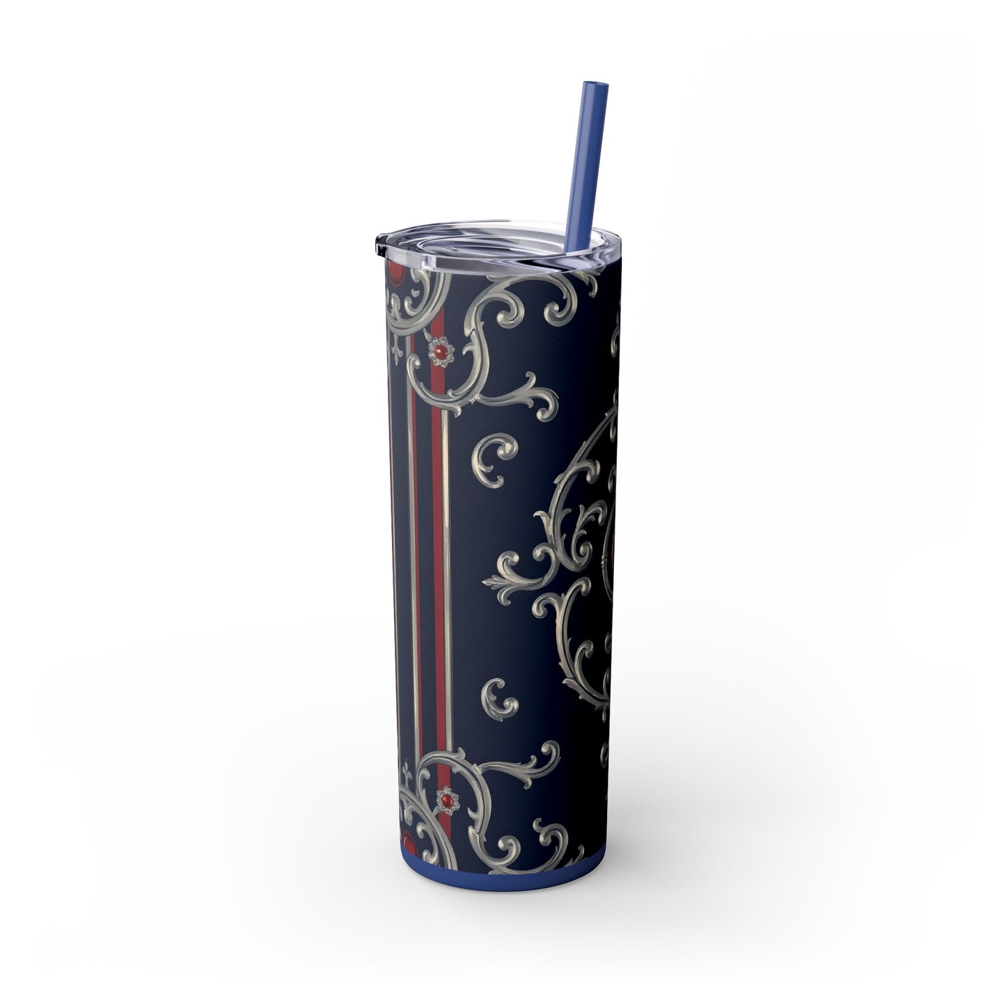 Elegant Patterned Skinny Tumbler with Straw, 20oz - Stylish Travel Mug, Personalized Gift, Wedding Favor - Blue & Red Striped Silver Baroque