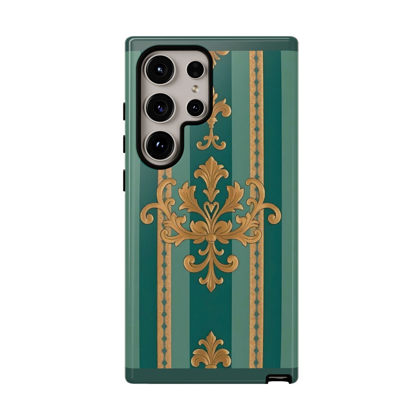 Elegant Floral Motif Phone Case - Tough Cases with Vintage Design - Teal Striped Gold Damask