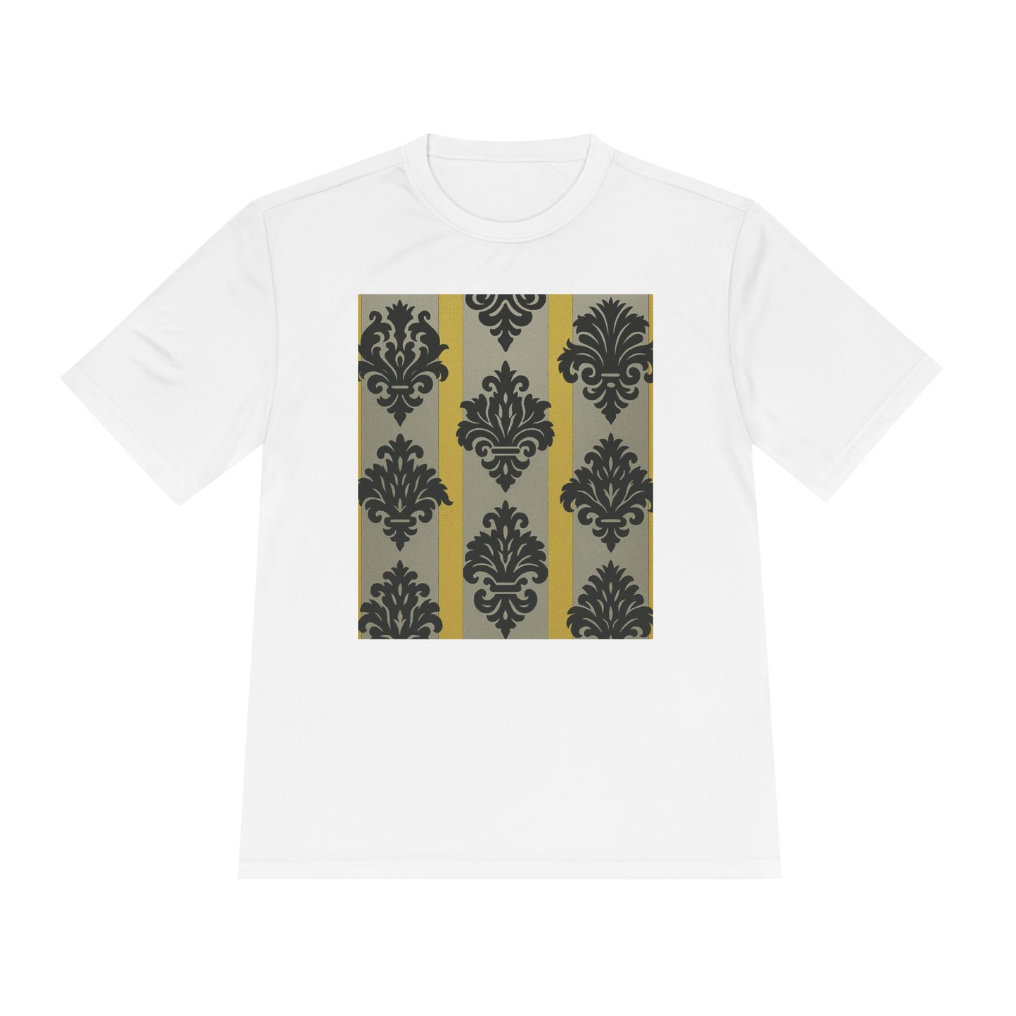 Elegant Patterned Unisex Moisture Wicking Tee, Activewear, Casual Tee, Gift for Him/Her, Stylish Sportswear - Silver & Gold Striped Black Baroque