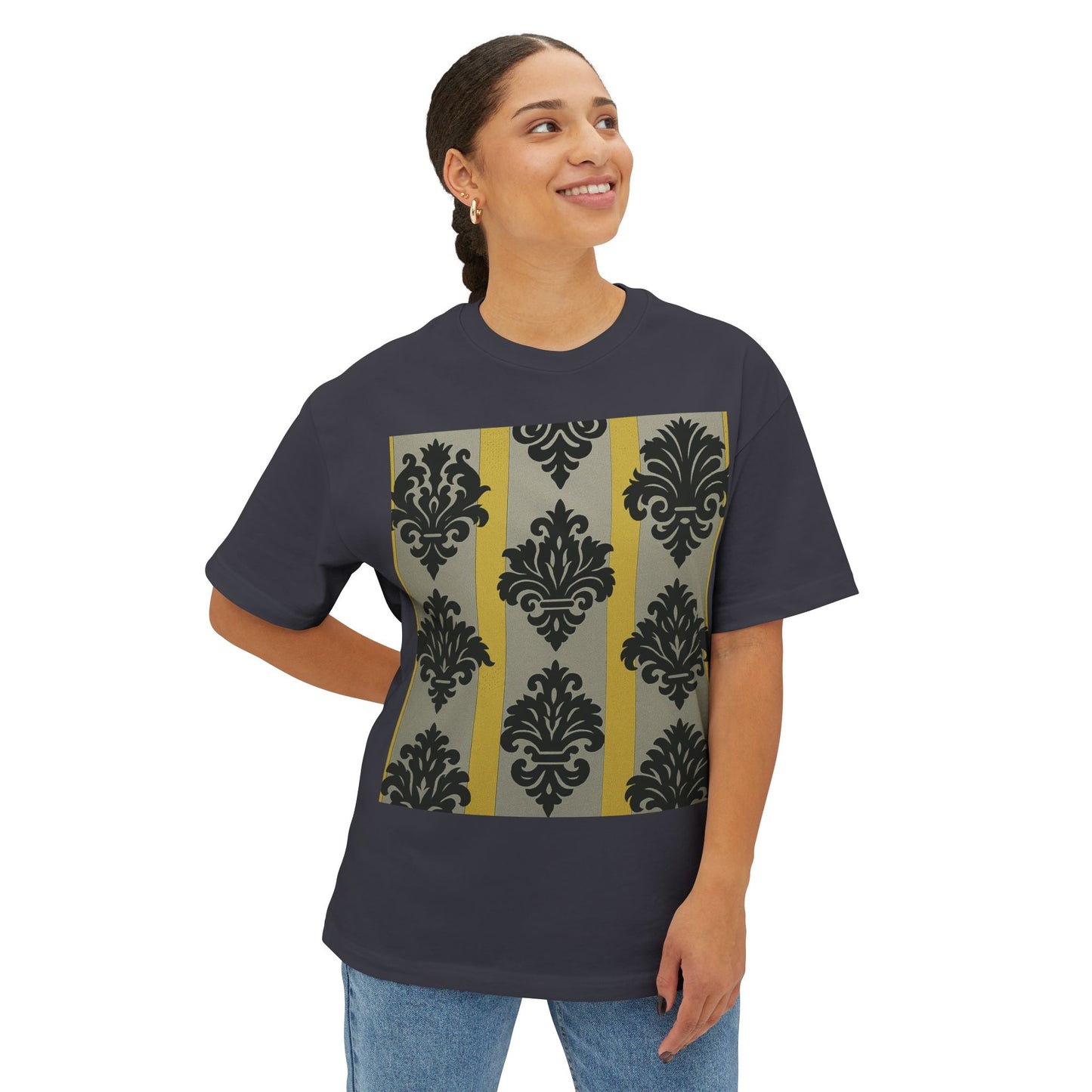 Chic Unisex Oversized Tee, Stylish Casual Wear, Statement Tee, Everyday Comfort, Fashion Gift - Silver & Gold Striped Black Baroque