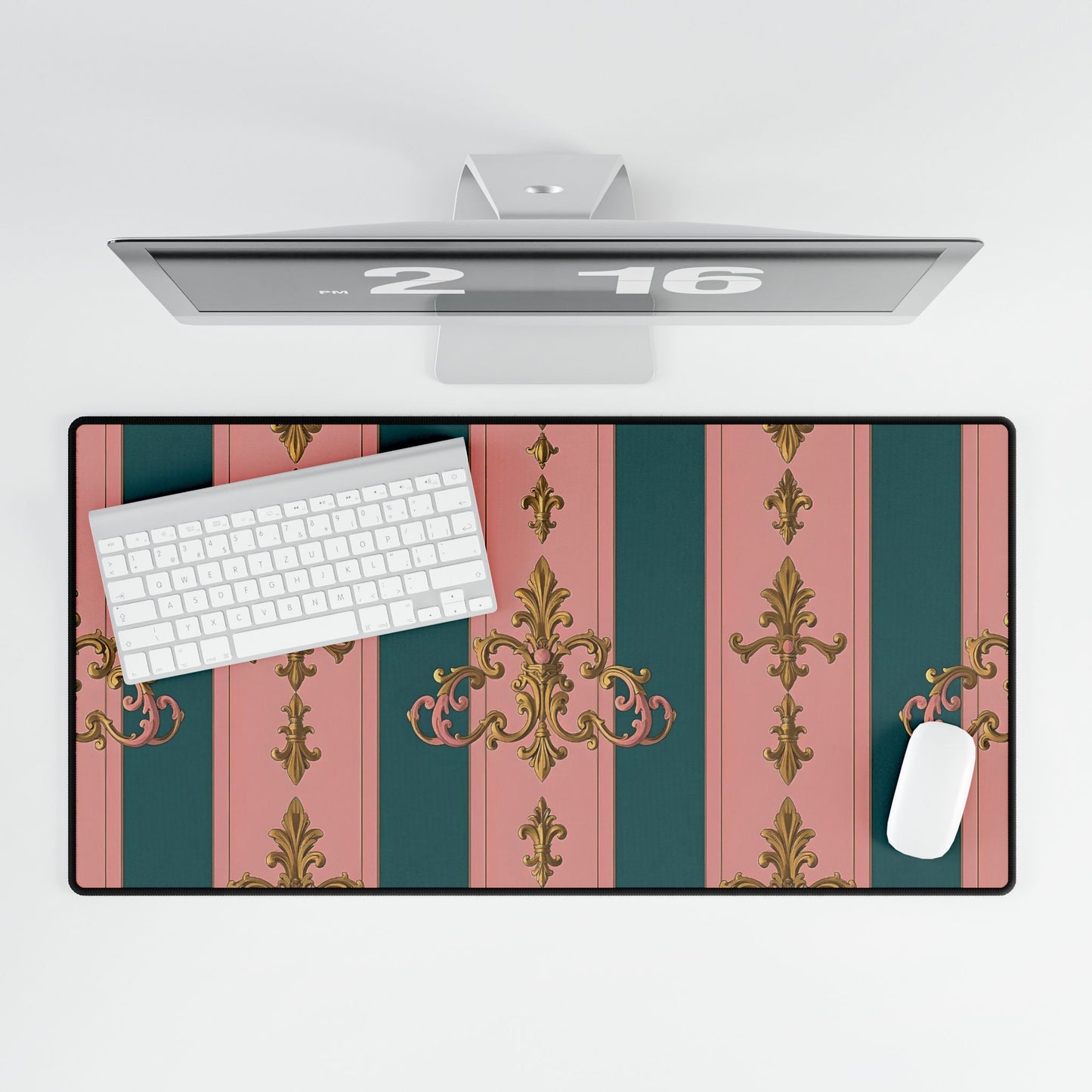 Elegant Desk Mats for Stylish Office Decor, Personalized Desk Accessories, Home Office Gifts - Pink & Teal Striped Gold Baroque