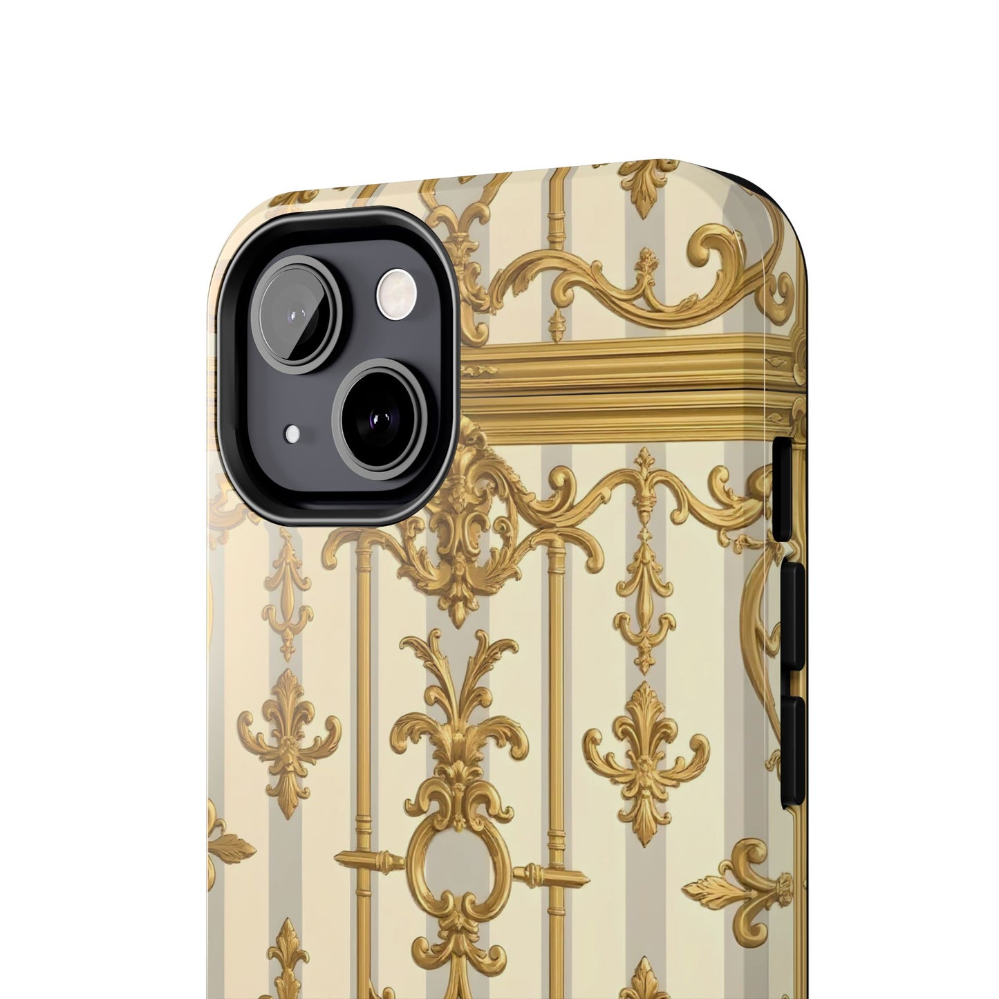 Elegant Gold Pattern Tough Phone Cases | Stylish Phone Covers, Trendy Cell Phone Accessories - Matte Gray & Cream Striped Gold Baroque