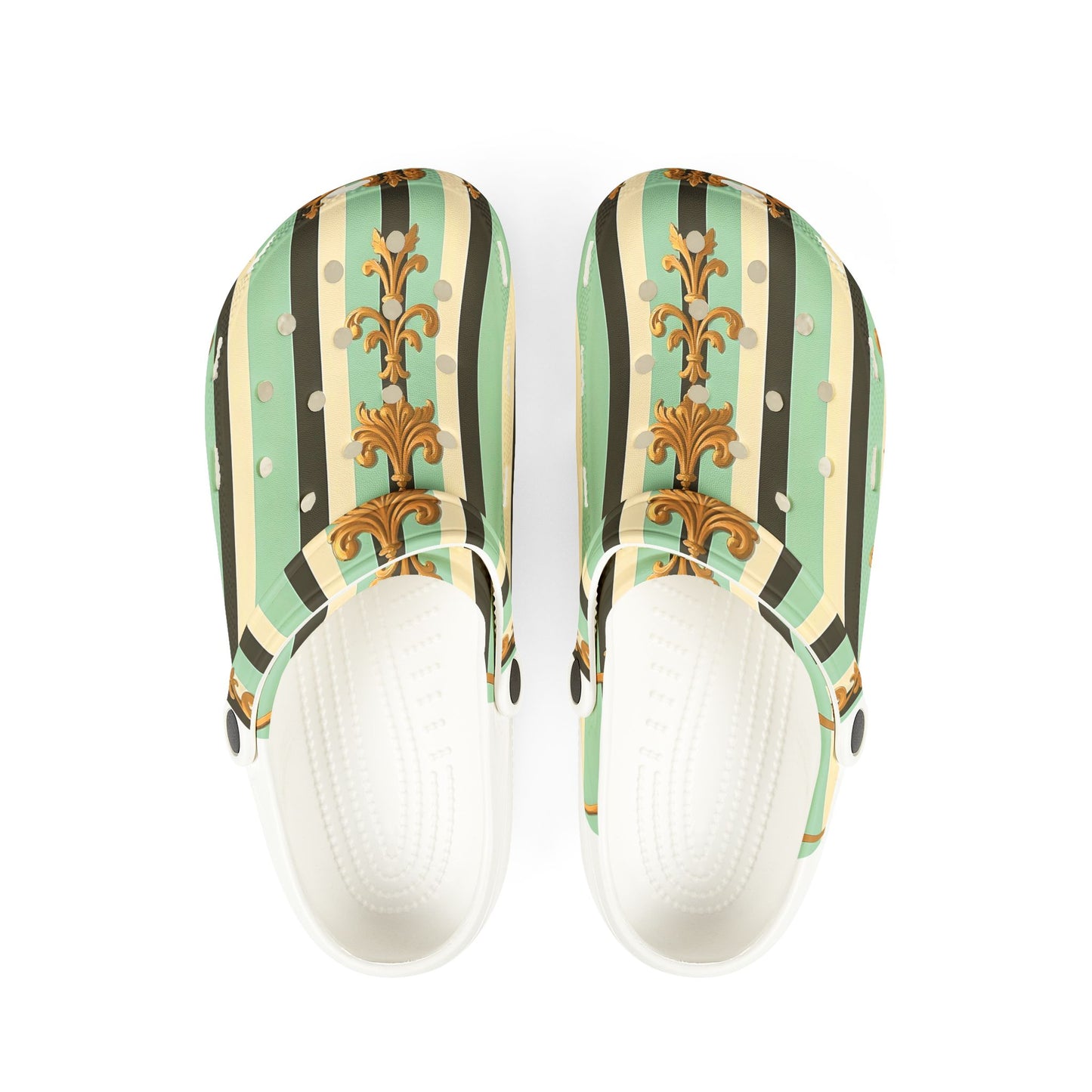 Stylish EVA Foam Rubber Shoes - Unique Printed Clogs for Comfort, Summer Footwear, Garden Use - Black & Matte Mint Striped Rococo