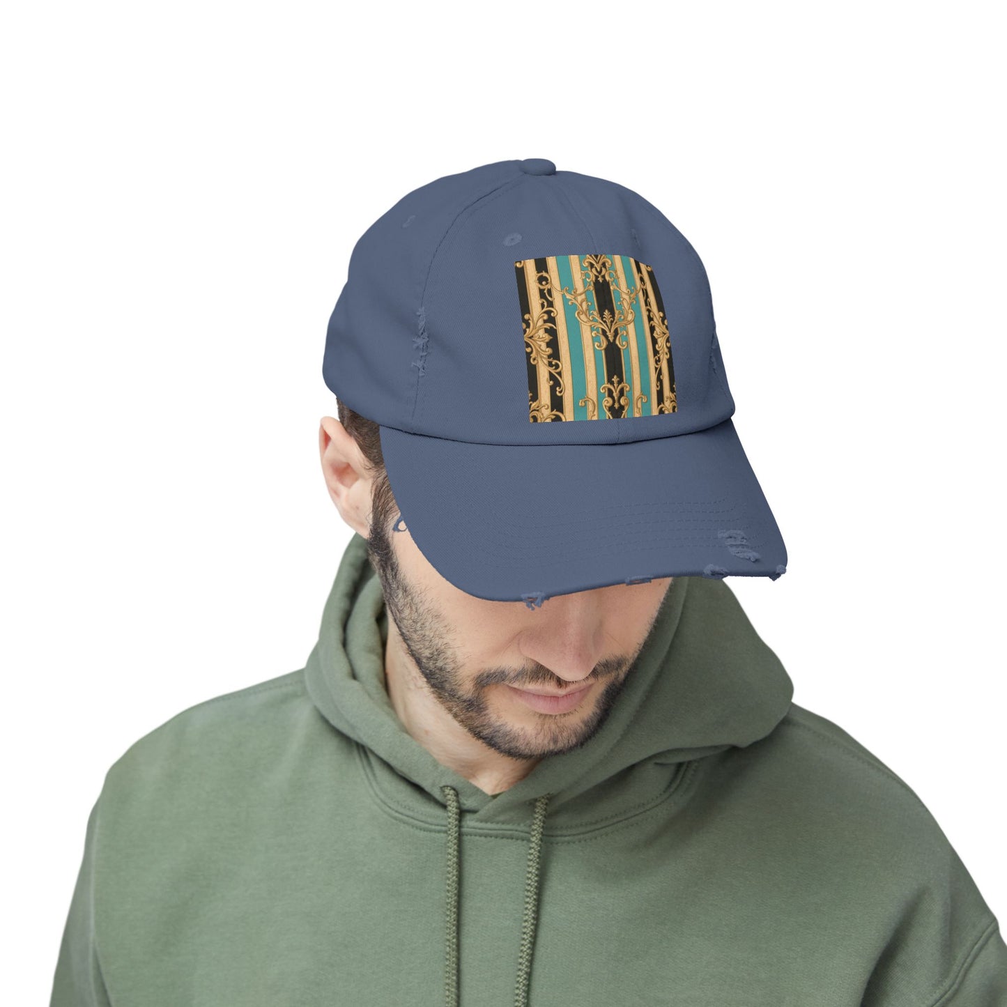 Distressed Black, Tan & Ocean Green Striped Gold Baroque Cap with Elegant Stripe Design | Vintage-Inspired Accessories, Unisex Casual Hat