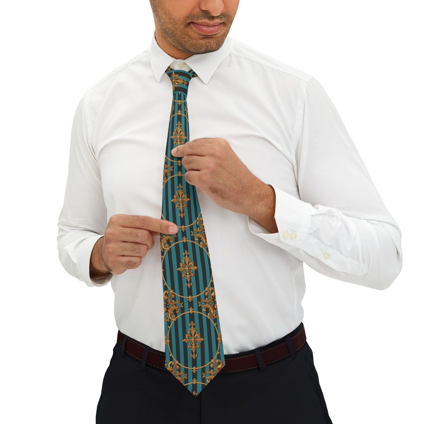 Stylish Turquoise & Black Striped Gold Baroque Necktie with Elegant Pattern, Unique Gift for Men, Formal Wear Accessory, Wedding Tie, Business Attire