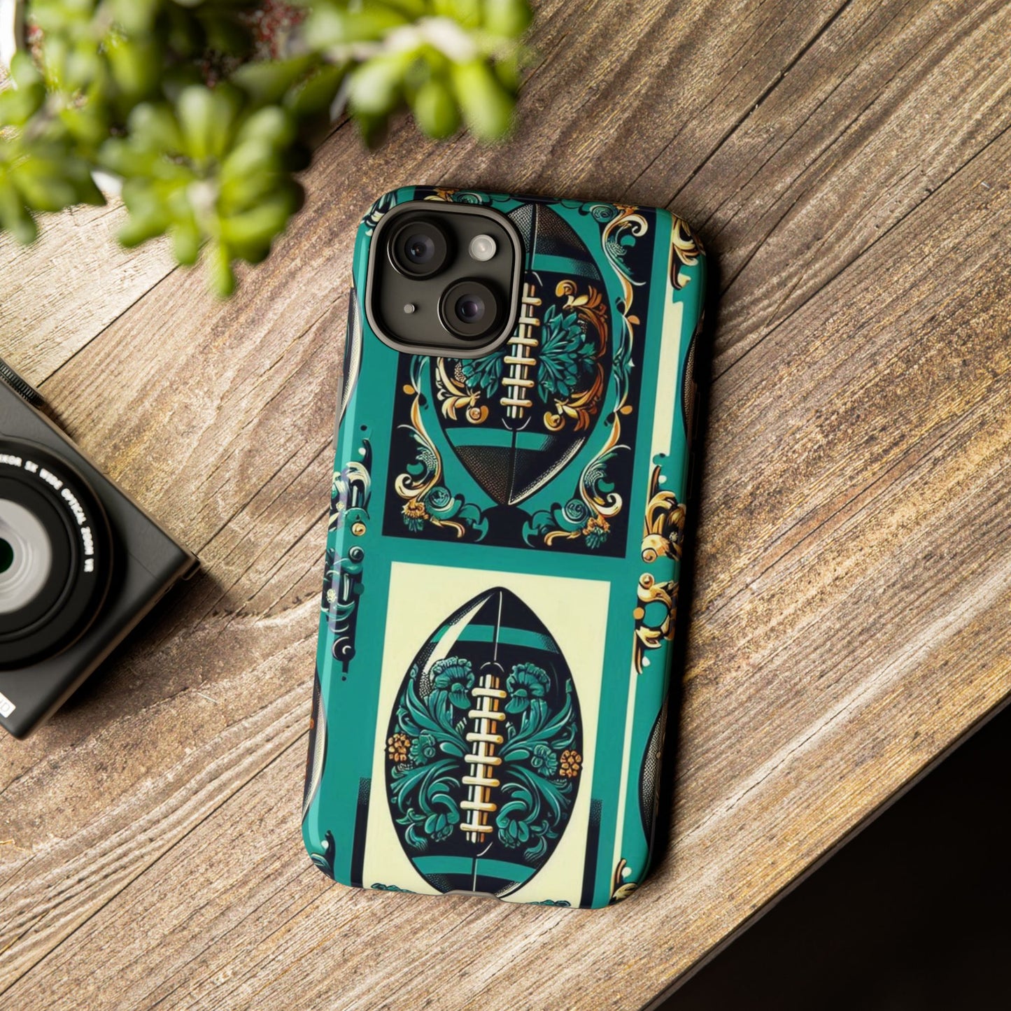Elegant Floral Motif Phone Case - Tough Cases with Vintage Design -  Damask Teal, Gold & Black Footballs