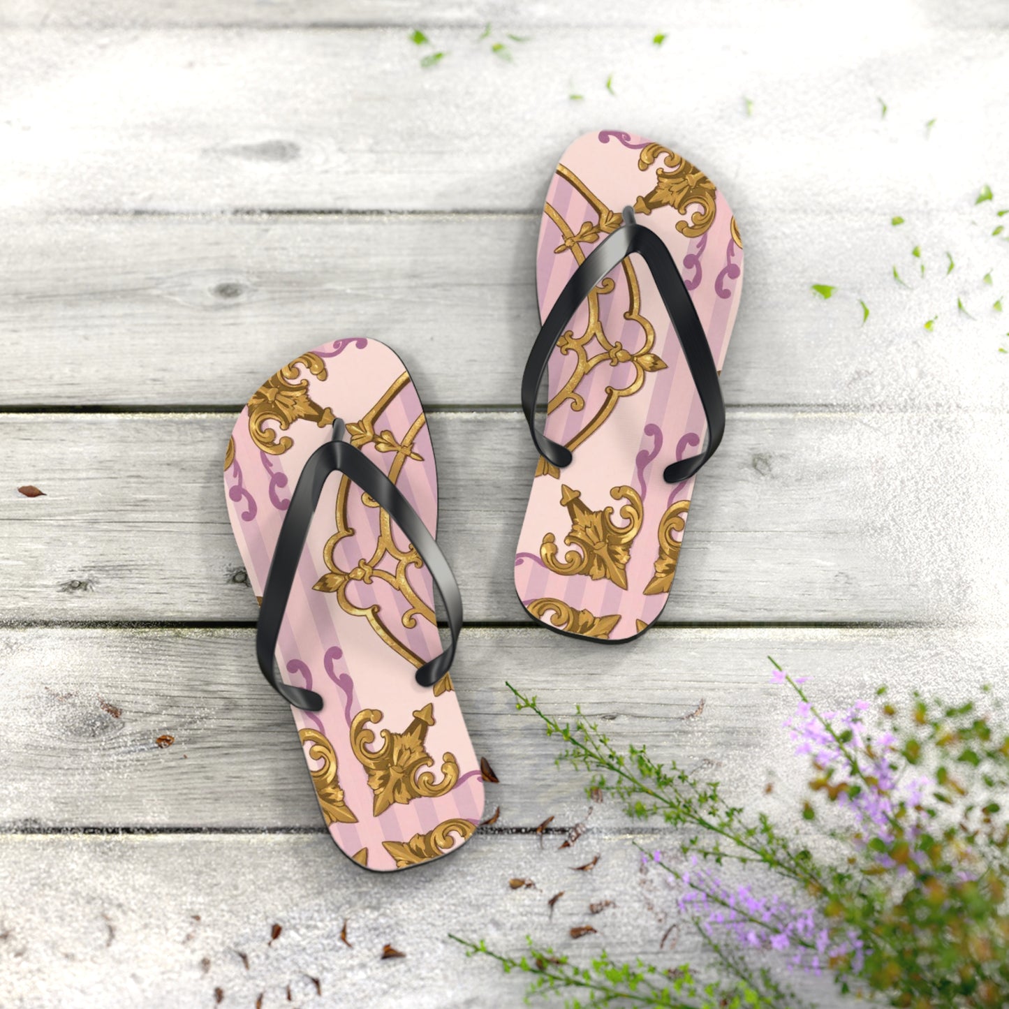 Elegant Lavender & Alabaster Striped Gold Baroque Flip Flops - Perfect for Summer Days, Beach Trips, Pool Parties, Vacation, and Relaxing at Home