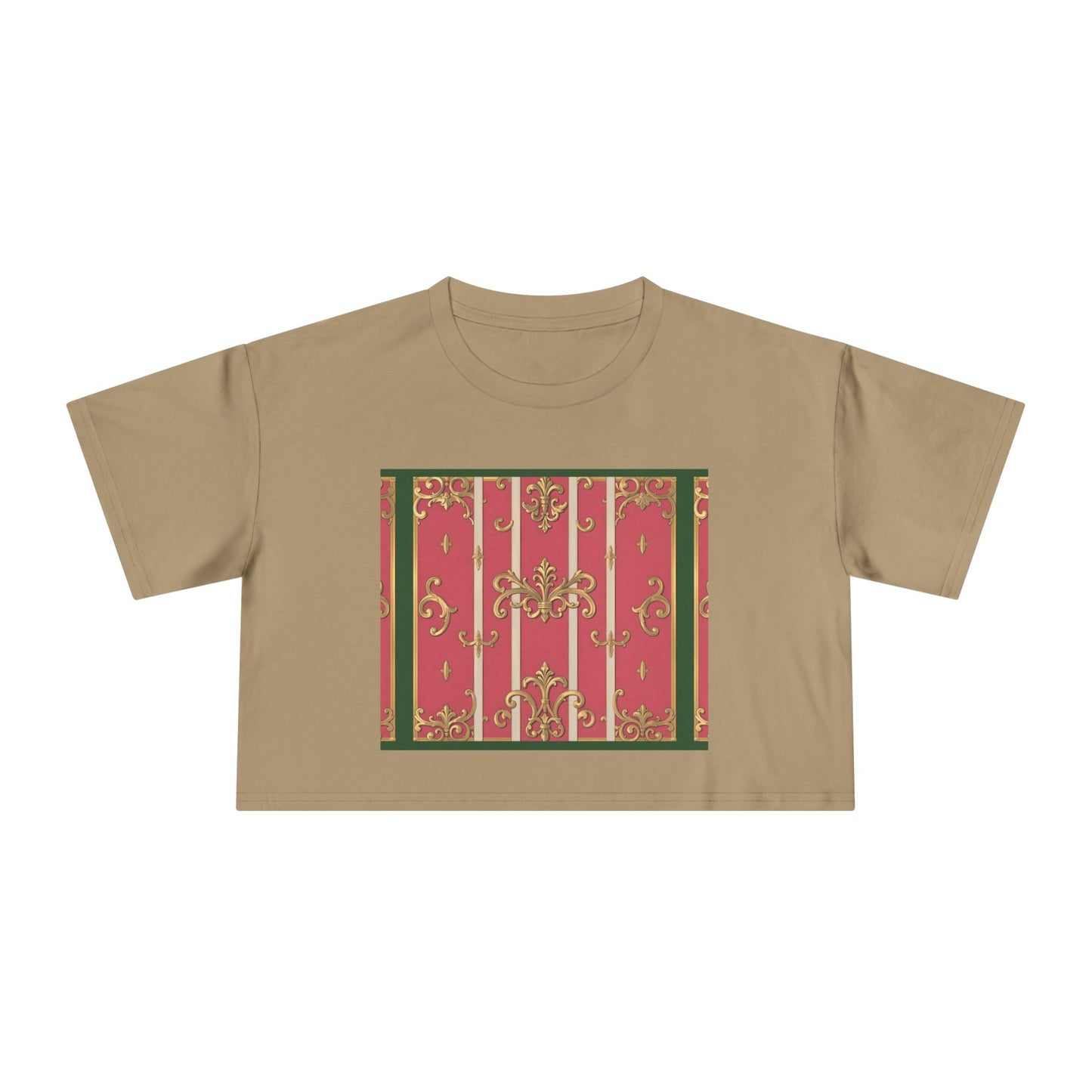 Chic Green Border Pink Striped Baroque Women's Crop Tee - Vintage Style Shirt for Casual Outings, Holidays, Gift Ideas, Spring Fashion, Trendy Top