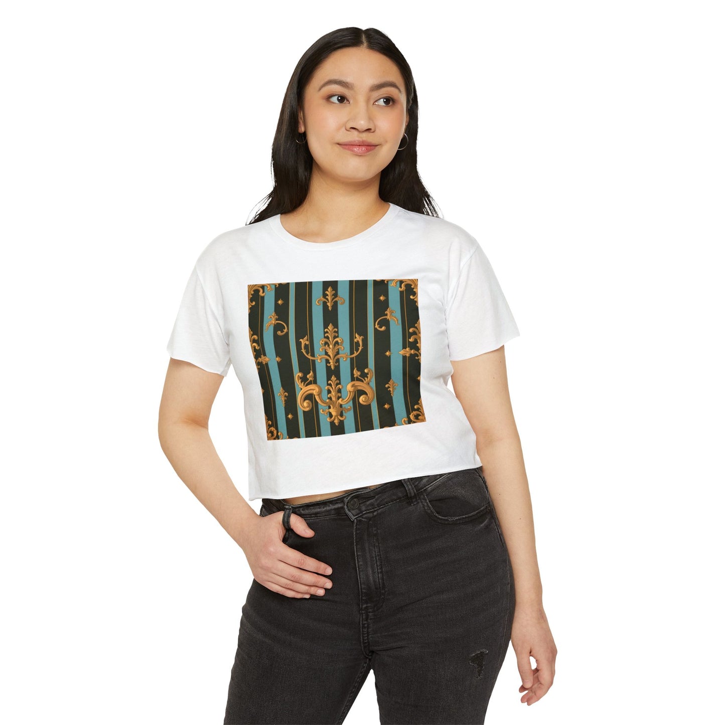 Boho Festival Crop Top, Trendy Summer Top, Stylish Women’s Crop Tee, Perfect for Music Festivals, Casual Wear - Black & Turquoise Striped Baroque