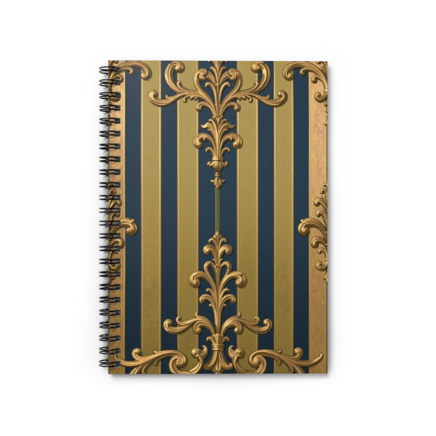 Elegant Midnight Blue & Olive Striped Gold Baroque Spiral Notebook - Ruled Lines, Luxury Journaling, School Essentials, Vintage Design