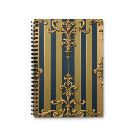 Elegant Midnight Blue & Olive Striped Gold Baroque Spiral Notebook - Ruled Lines, Luxury Journaling, School Essentials, Vintage Design