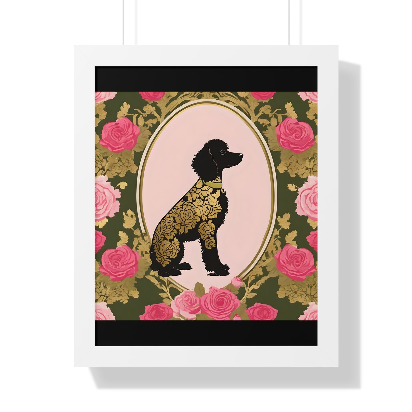 Vertical Poster - Stylish Framed - Art for Home Decor - Damask Black & Gold Poodle in Olive & Pink Roses