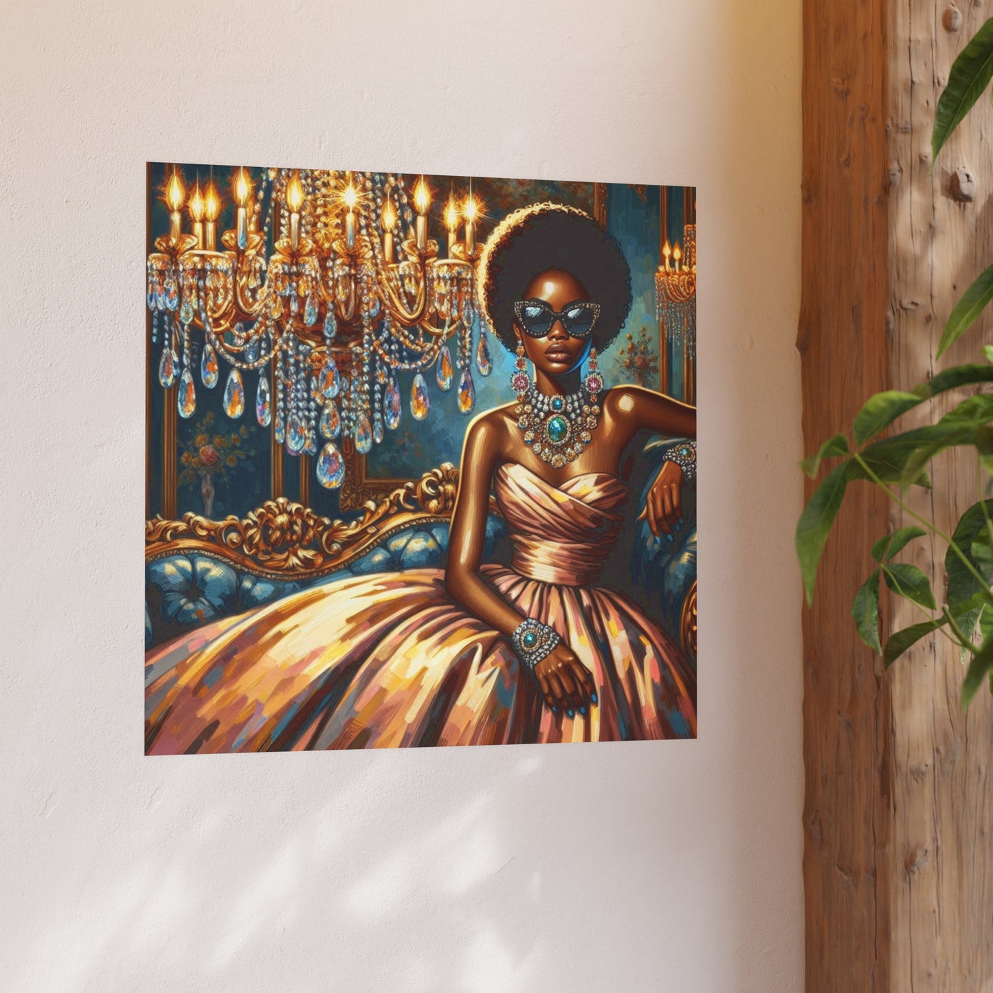 Elegant Glamour Satin Poster, Wall Art Decor, Modern Home Gallery, Gift for Art Lovers, Chic Interior Decoration - Elegant Lady & Chandelier