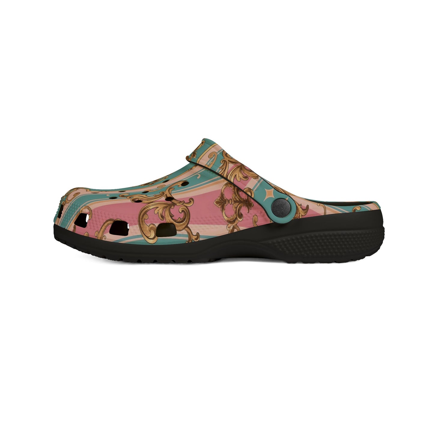 Fashionable AOP EVA Foam Rubber Shoes, Trendy Comfort Footwear, Perfect for Home - Pink & Matte Turquoise Striped Rococo