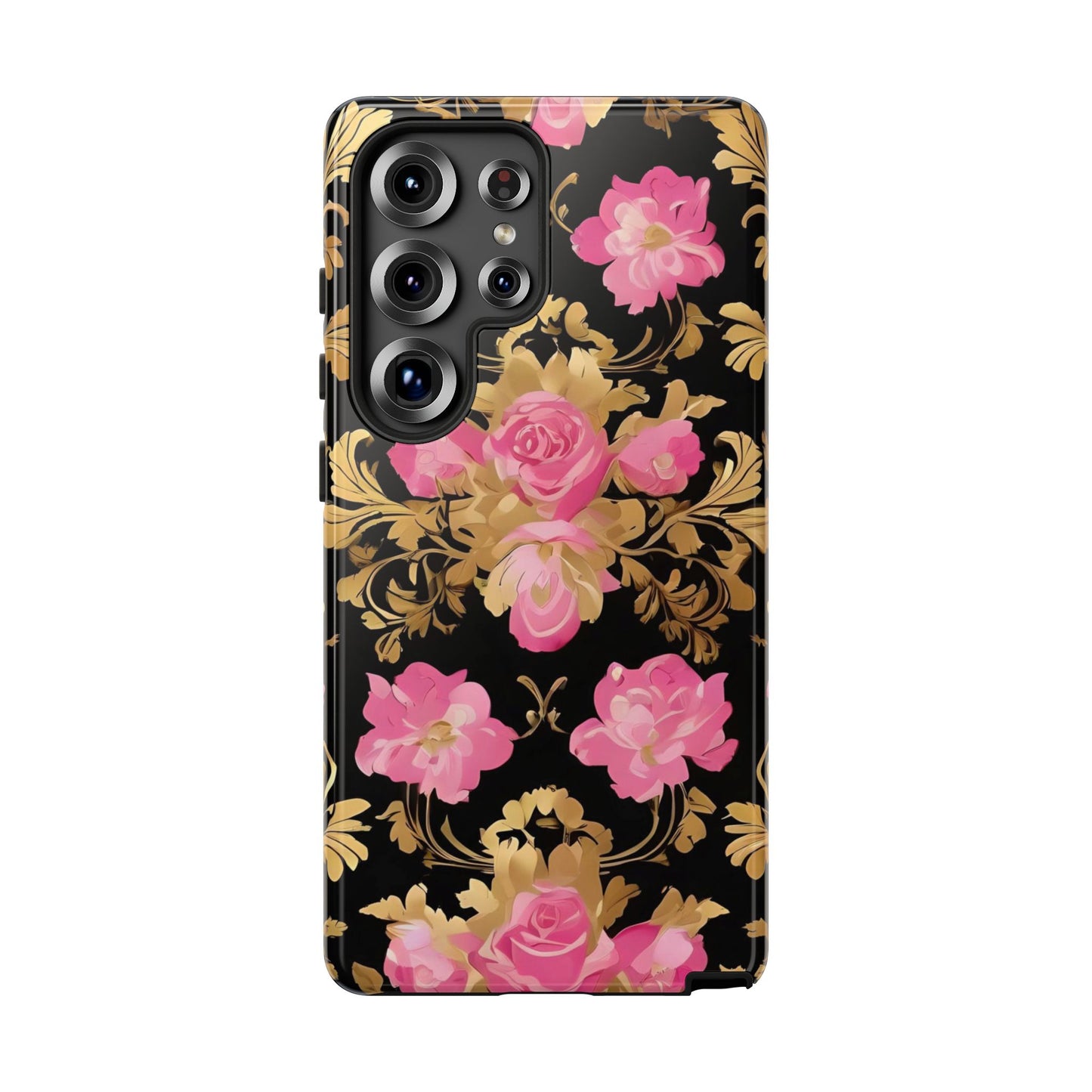 Elegant Floral Motif Phone Case - Tough Cases with Vintage Design - Pink & Gold Roses
