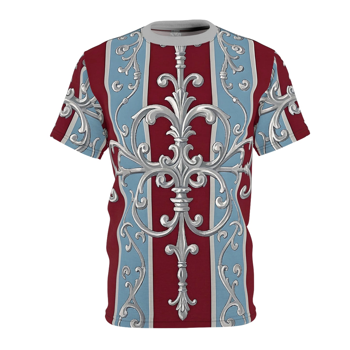 Regal Pattern Unisex Cut & Sew Tee - Elegant Floral Design Shirt for Fashion Lovers - Ice Blue & Burgundy Striped Baroque
