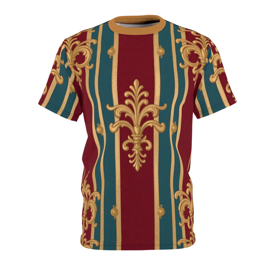 Opulent Unisex Graphic Tee, Elegant Fashion Top, Stylish Casual Wear, Unique Gift Idea, Trendy Streetwear - Burgundy Striped Gold Baroque