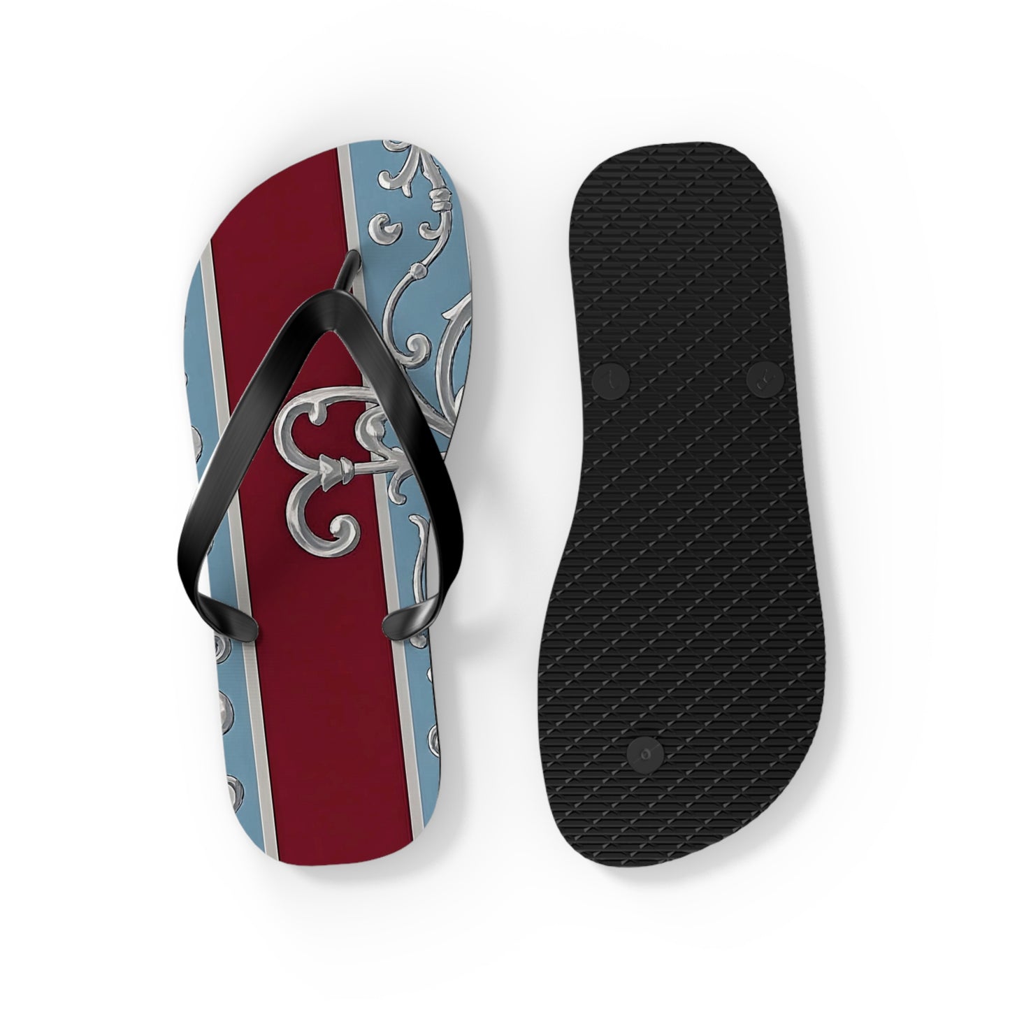 Elegant Vintage Flip Flops - Stylish Summer Footwear with Classic Design - Ice Blue & Burgundy Striped Baroque