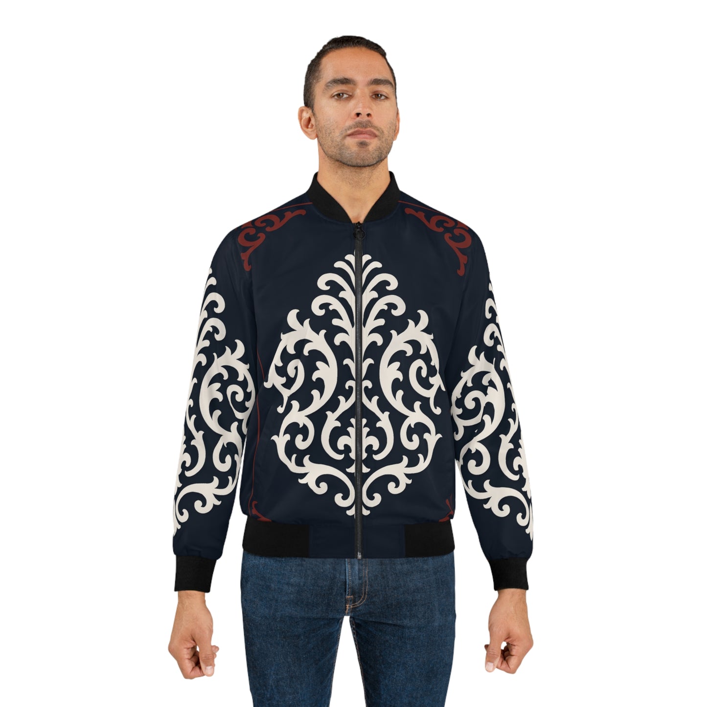 Dusk Blue & Maroon-White Baroque Bomber Jacket — Men's Ornate AOP Flight Jacket